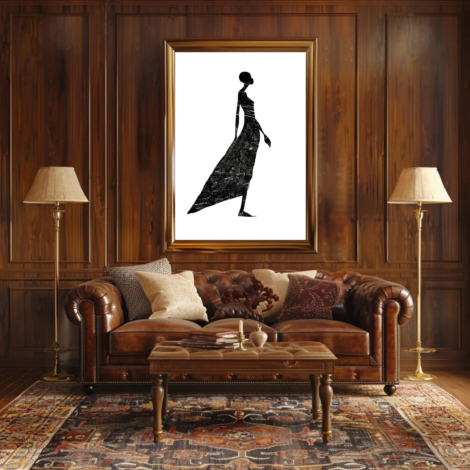 Elegant Silhouette in Flowing Dress Artistic Poster PosterGoat