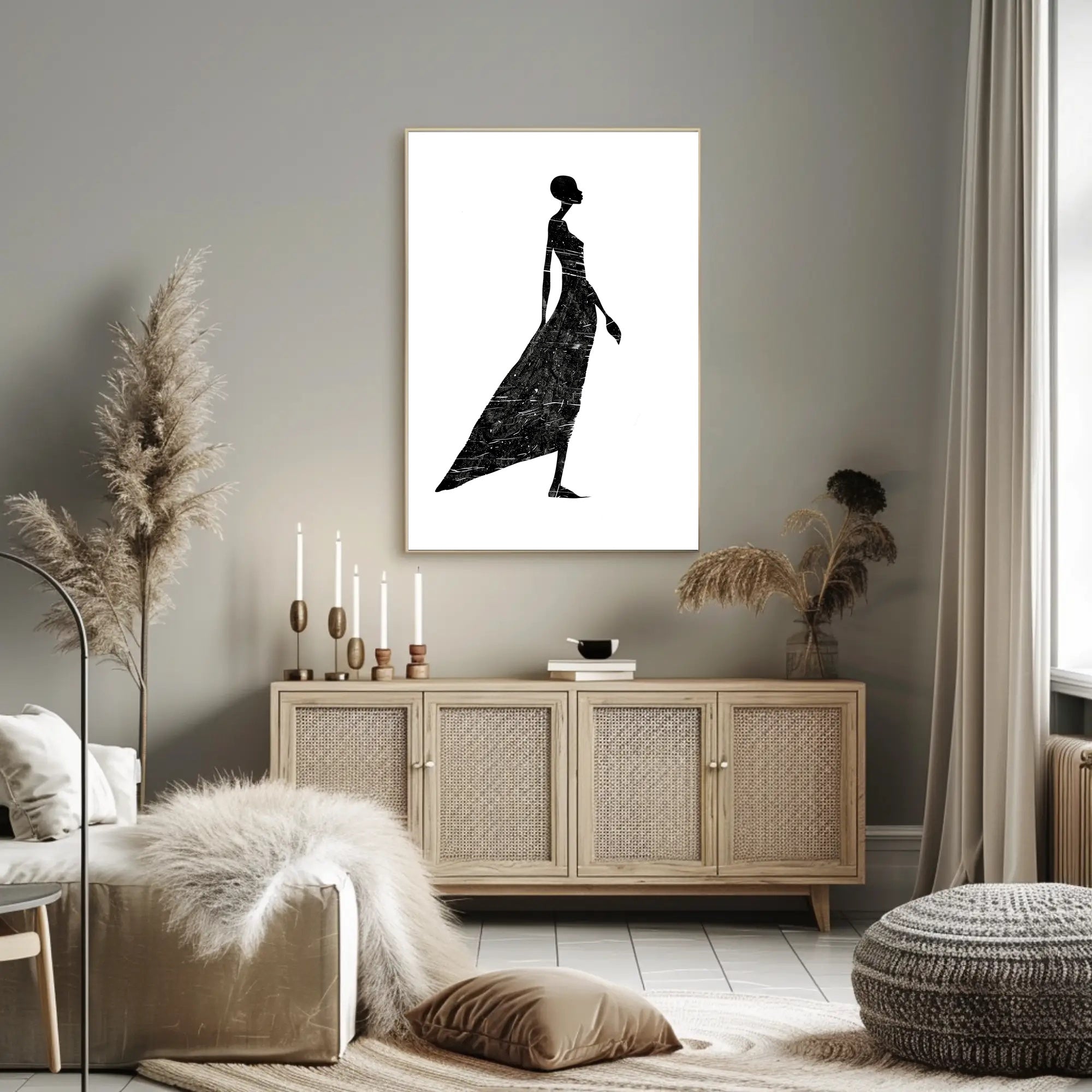 Elegant Silhouette in Flowing Dress Artistic Poster PosterGoat