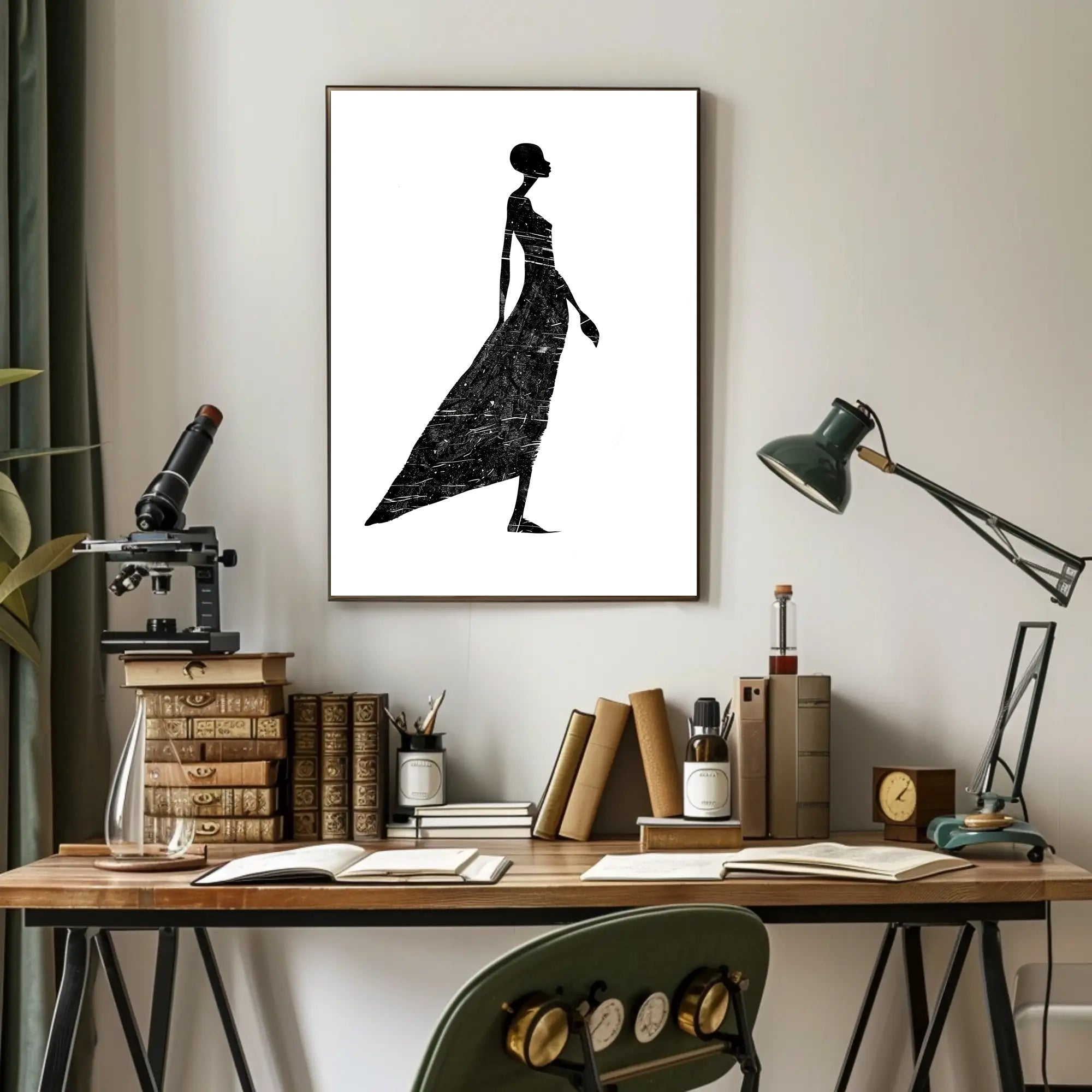 Elegant Silhouette in Flowing Dress Artistic Poster PosterGoat