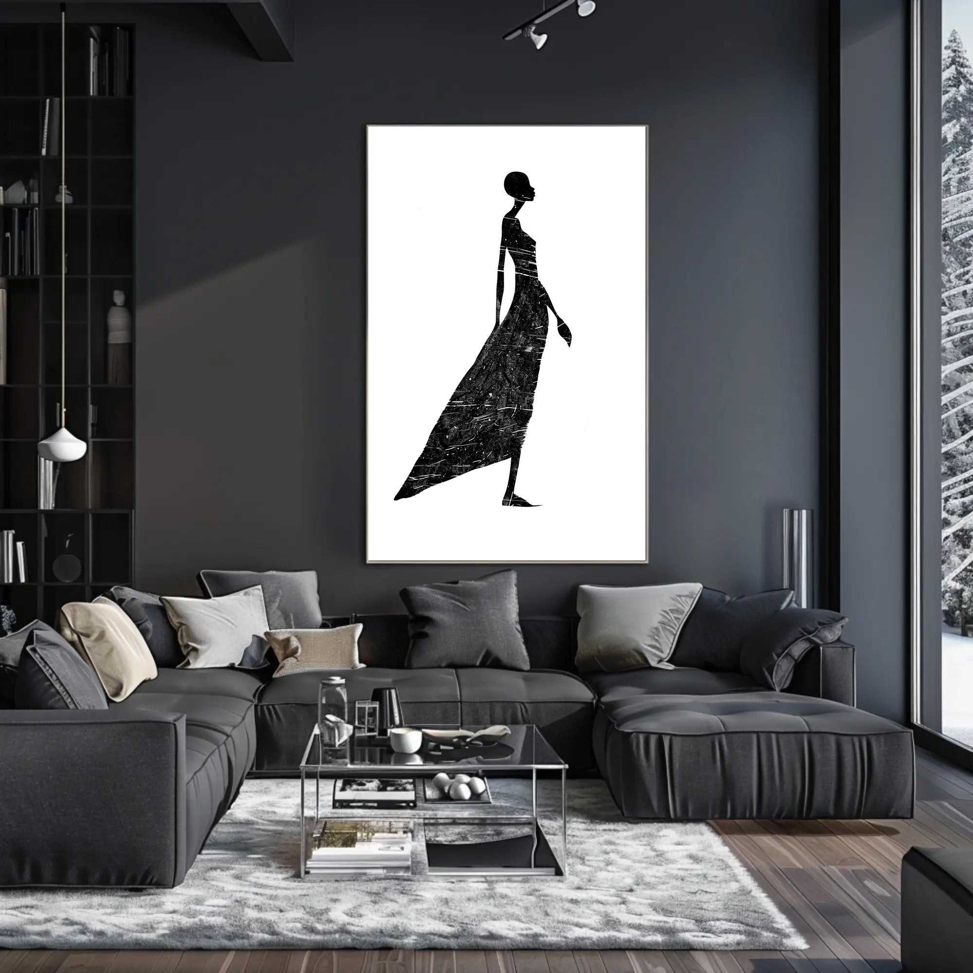 Elegant Silhouette in Flowing Dress Artistic Poster PosterGoat
