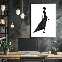 Elegant Silhouette in Flowing Dress Artistic Poster PosterGoat