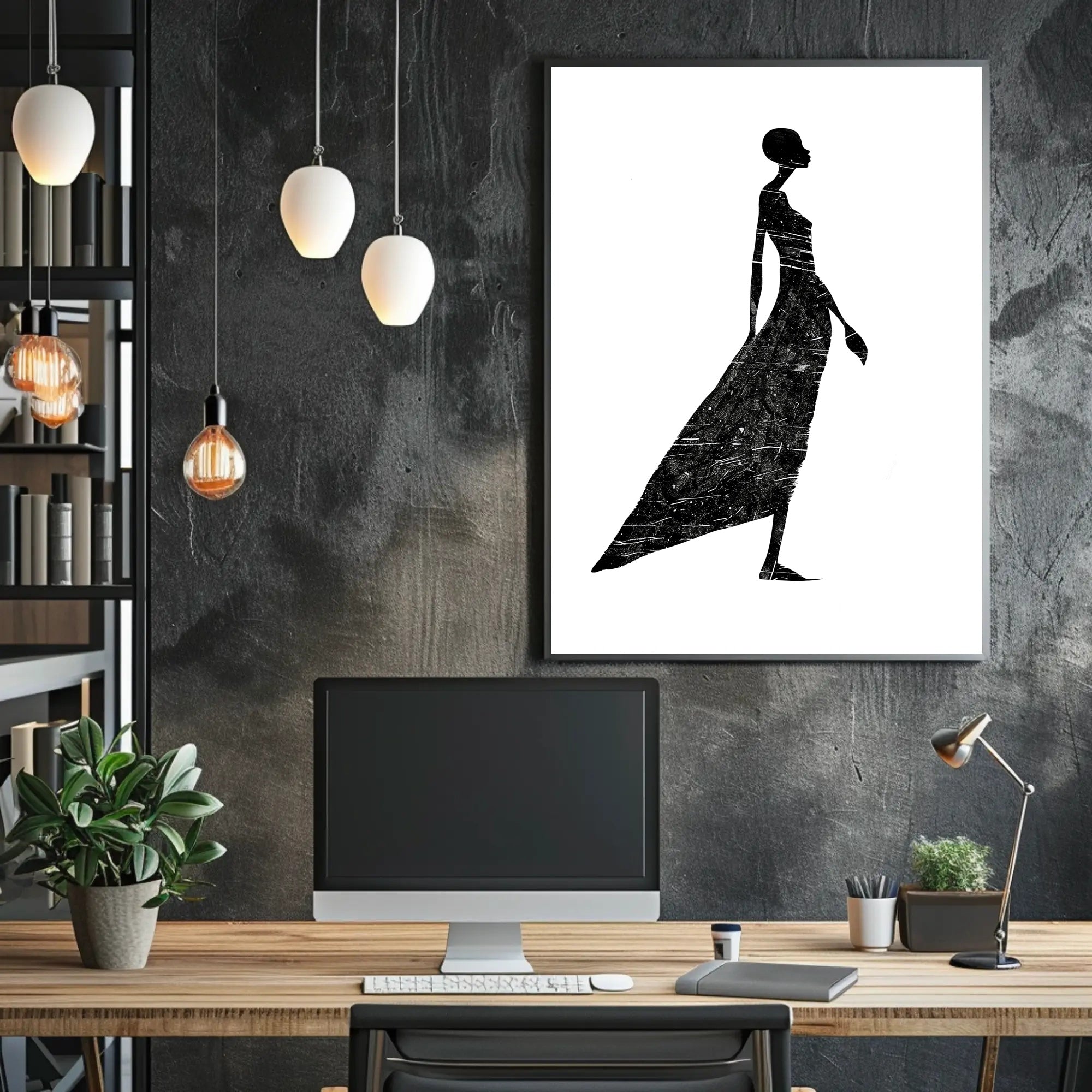Elegant Silhouette in Flowing Dress Artistic Poster PosterGoat