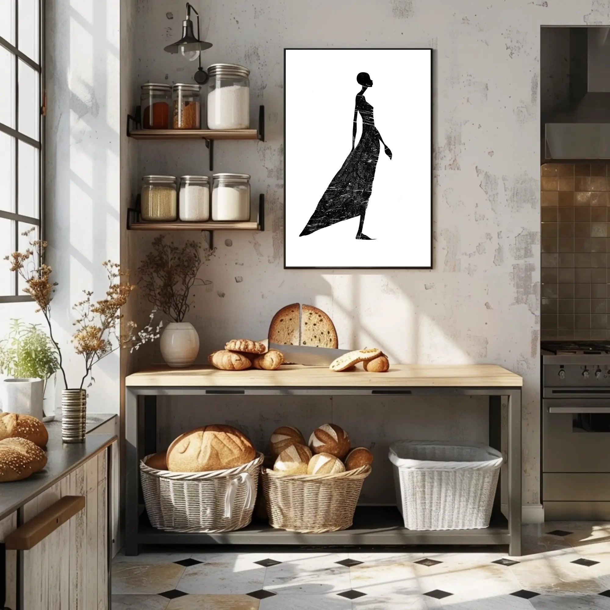 Elegant Silhouette in Flowing Dress Artistic Poster PosterGoat