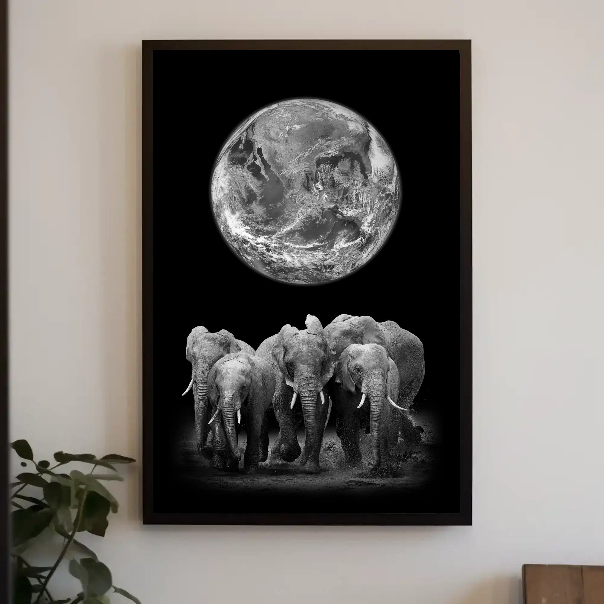 Elephants and Earth in Monochrome Animal Poster PosterGoat