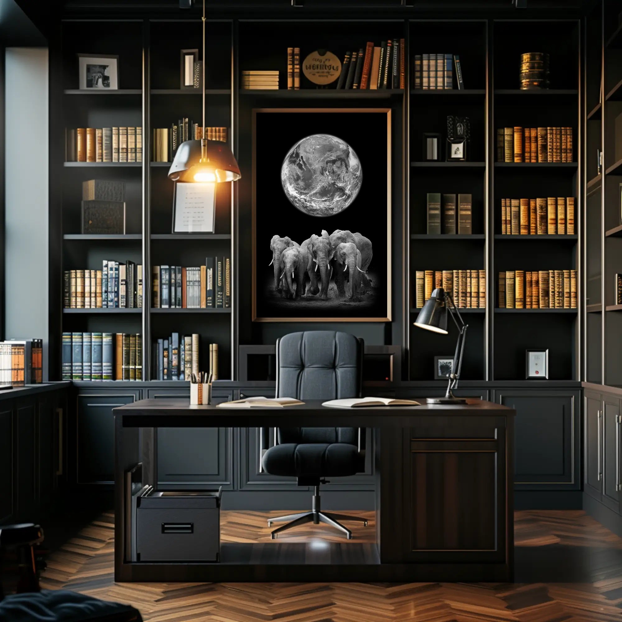 Elephants and Earth in Monochrome Animal Poster PosterGoat