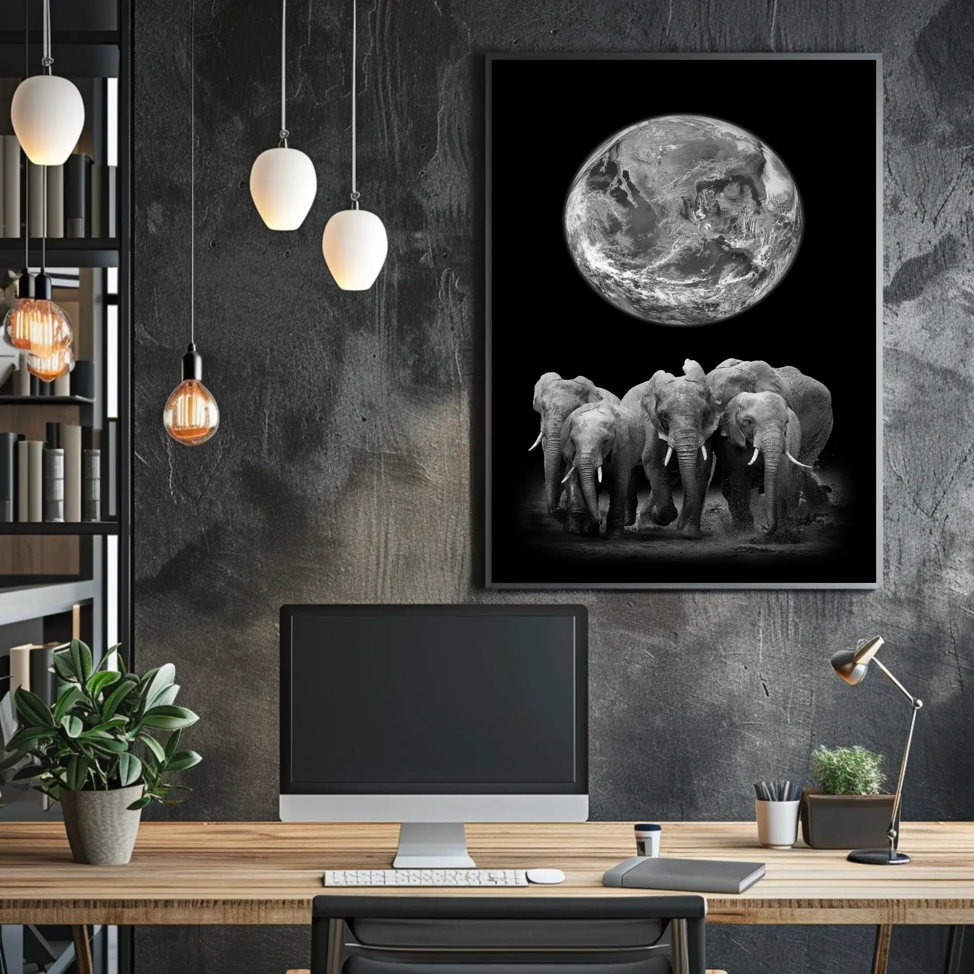 Elephants and Earth in Monochrome Animal Poster PosterGoat