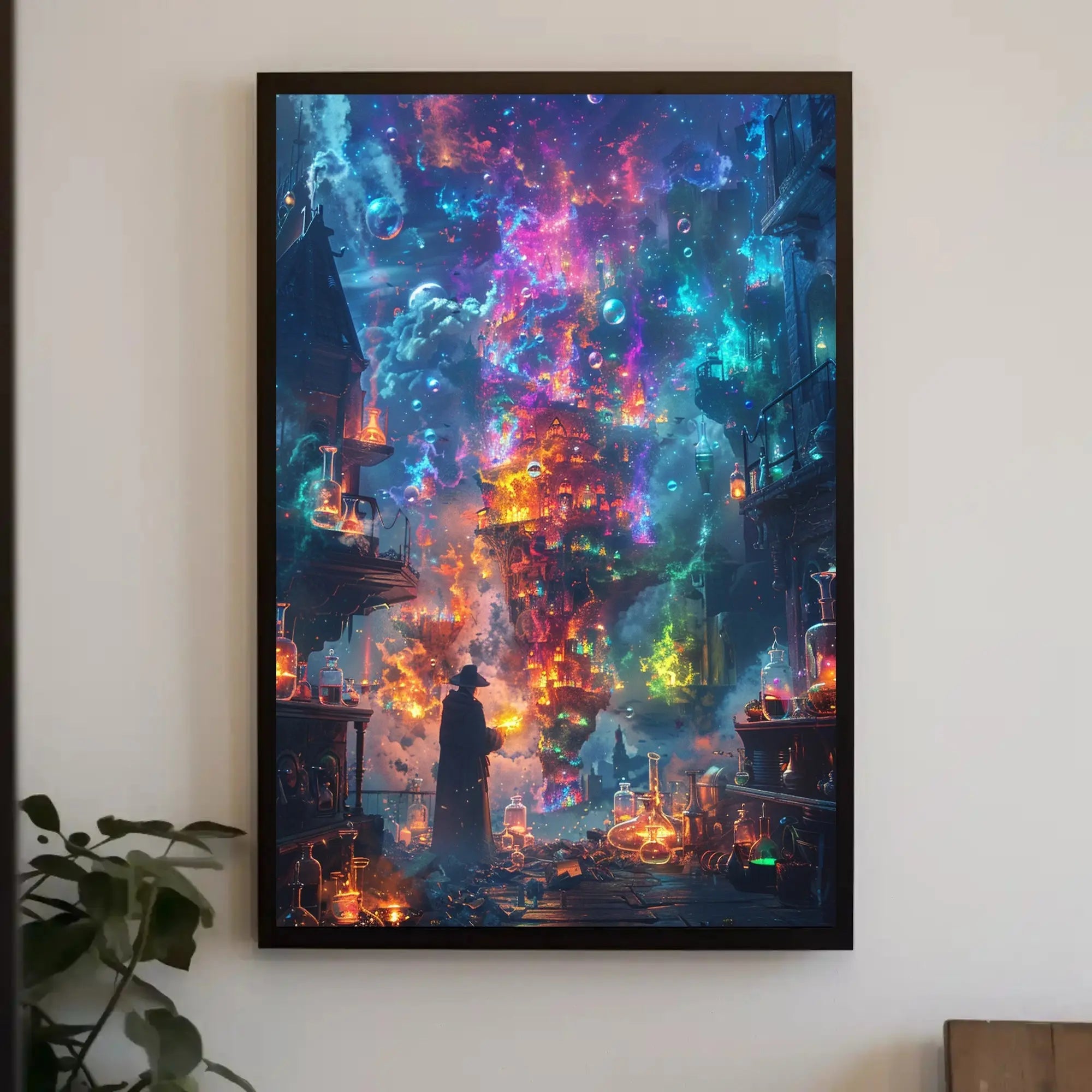 Enchanted Alchemist Wizard in Mystical City Fantasy Poster PosterGoat