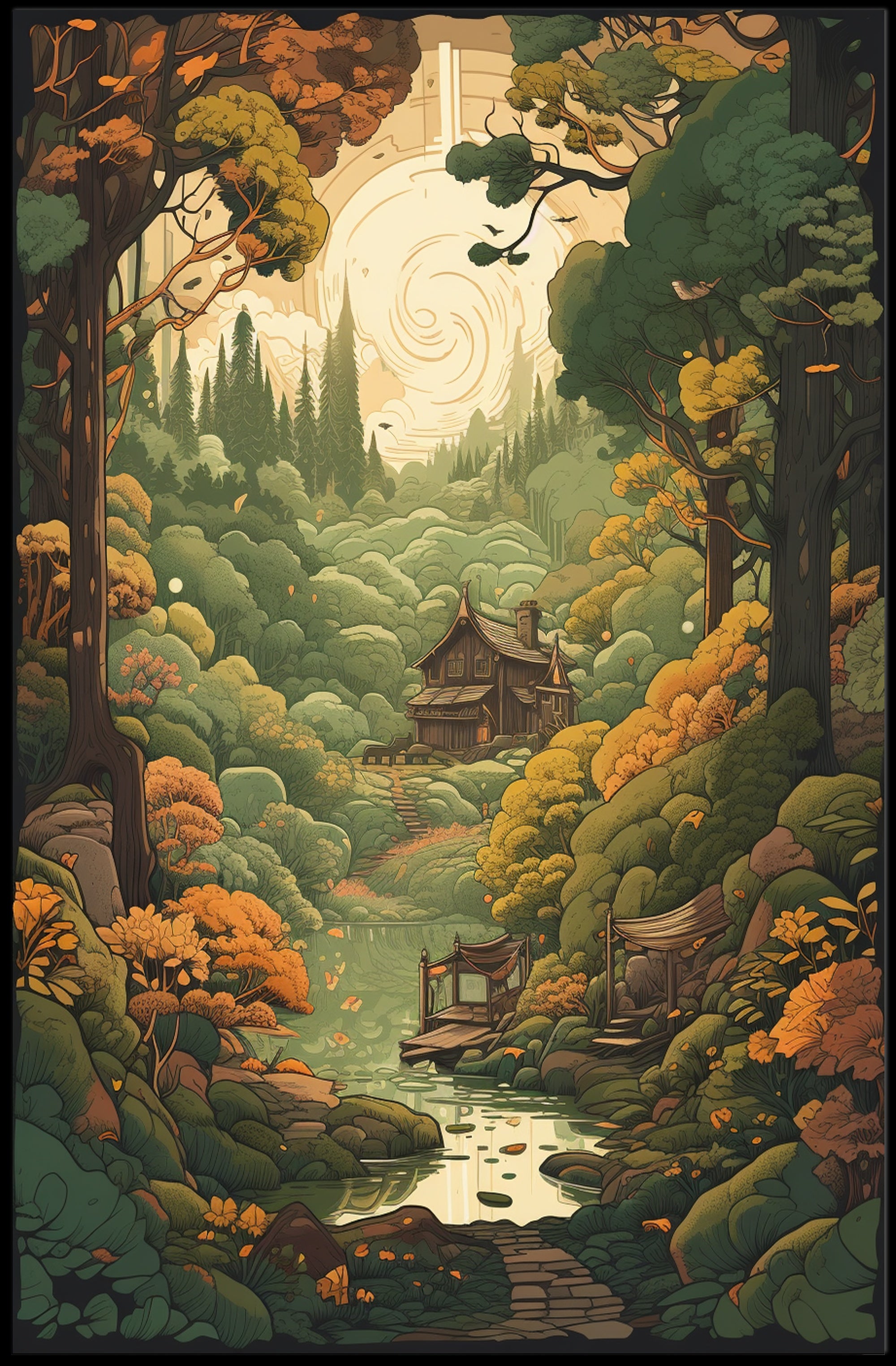 Enchanted Woodland Path to Cozy Cabin Art Poster PosterGoat