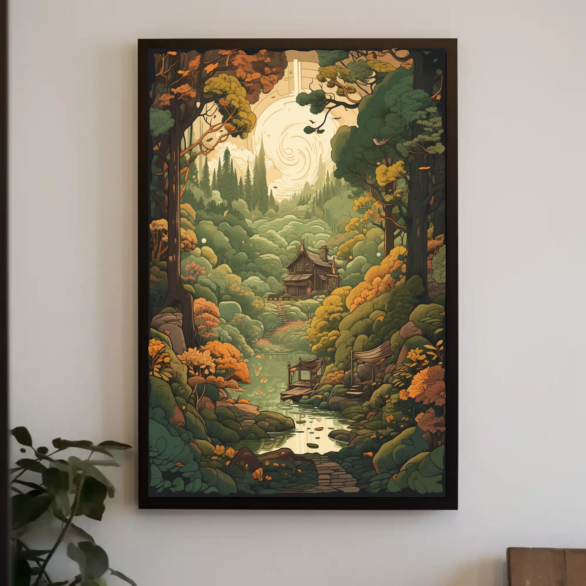 Enchanted Woodland Path to Cozy Cabin Art Poster PosterGoat