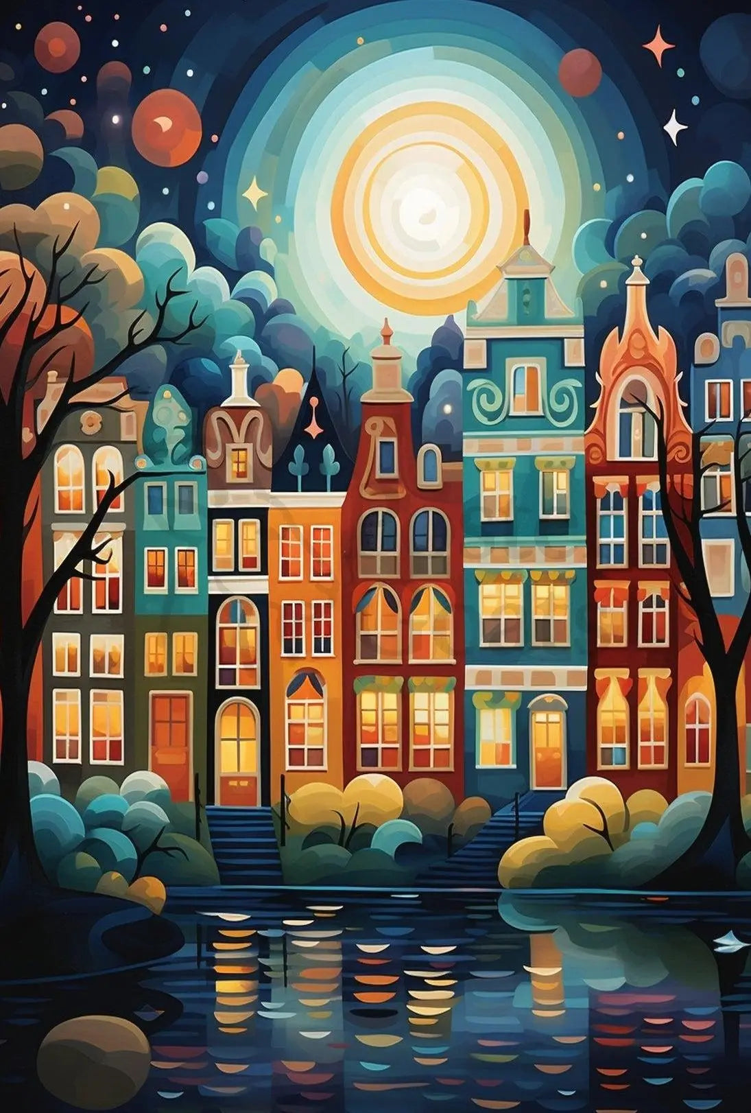 Enchanting Amsterdam Nightscape: Whimsical Cityscape Art Print Poster PosterGoat