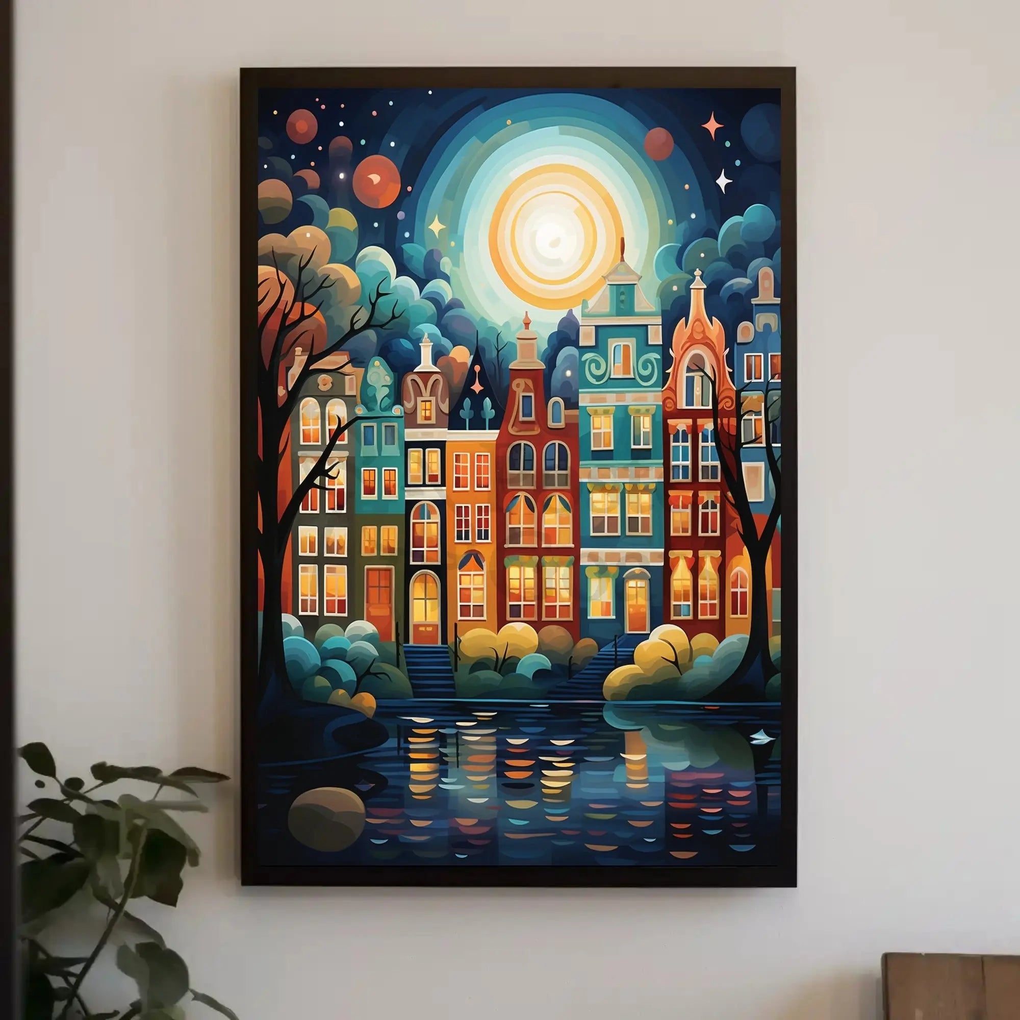Enchanting Amsterdam Nightscape: Whimsical Cityscape Art Print Poster PosterGoat