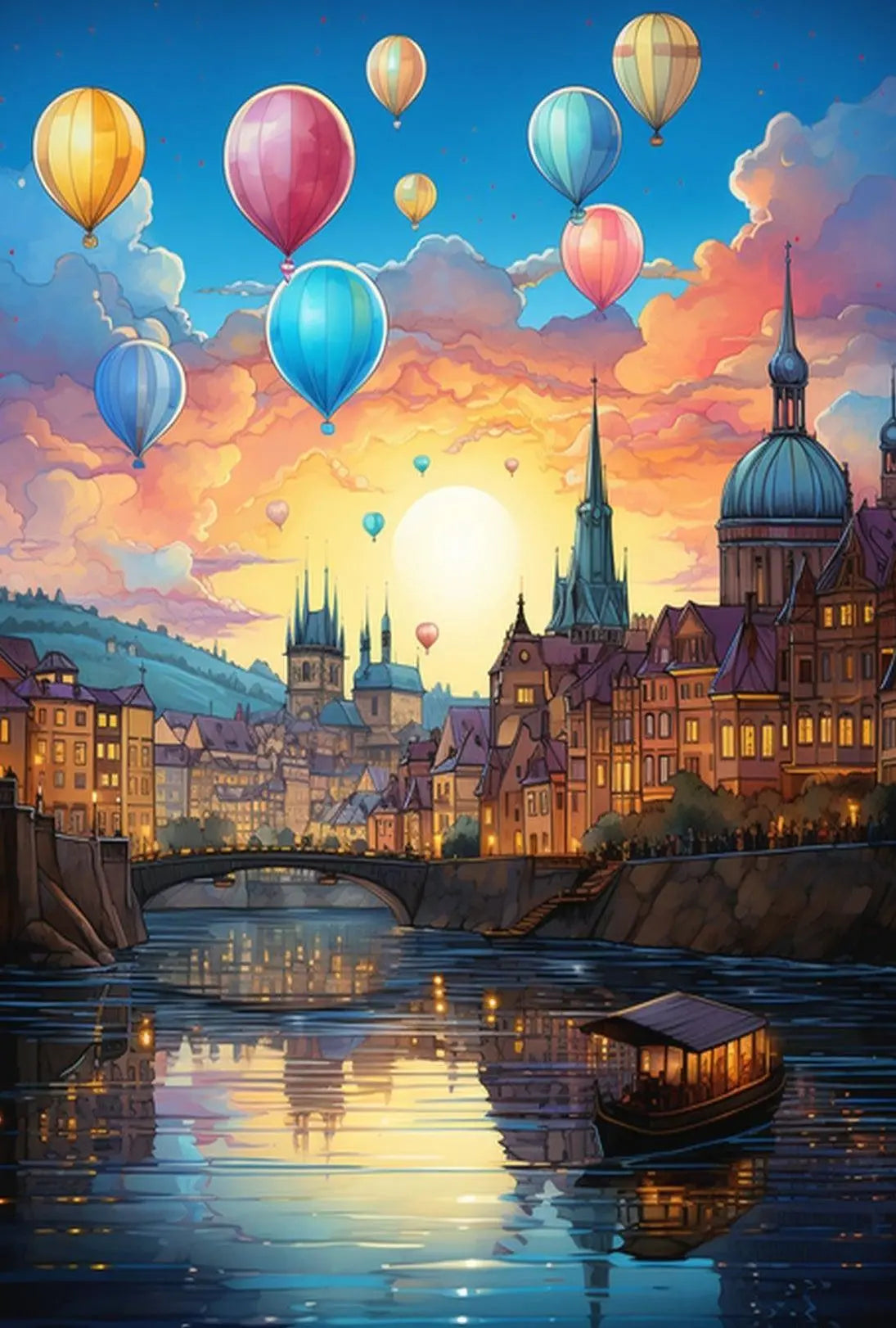 Enchanting European Cityscape with Hot Air Balloons Travel Poster PosterGoat