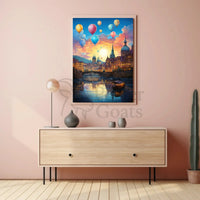 Enchanting European Cityscape with Hot Air Balloons Travel Poster PosterGoat