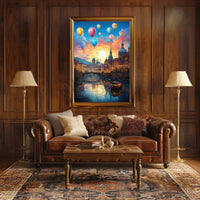 Enchanting European Cityscape with Hot Air Balloons Travel Poster PosterGoat