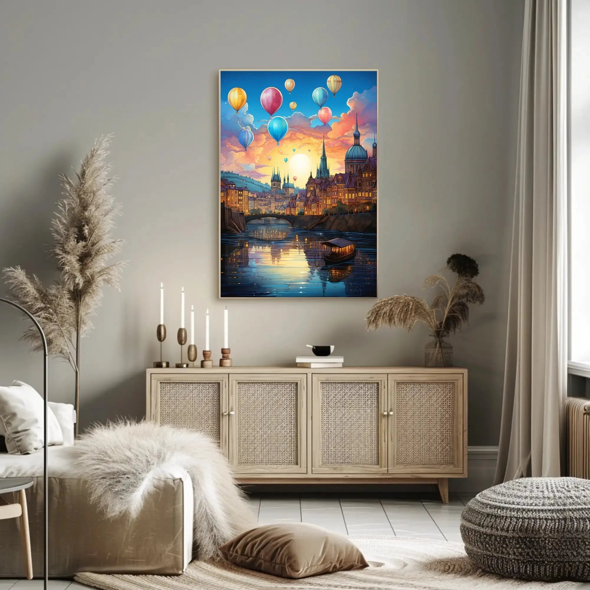 Enchanting European Cityscape with Hot Air Balloons Travel Poster PosterGoat
