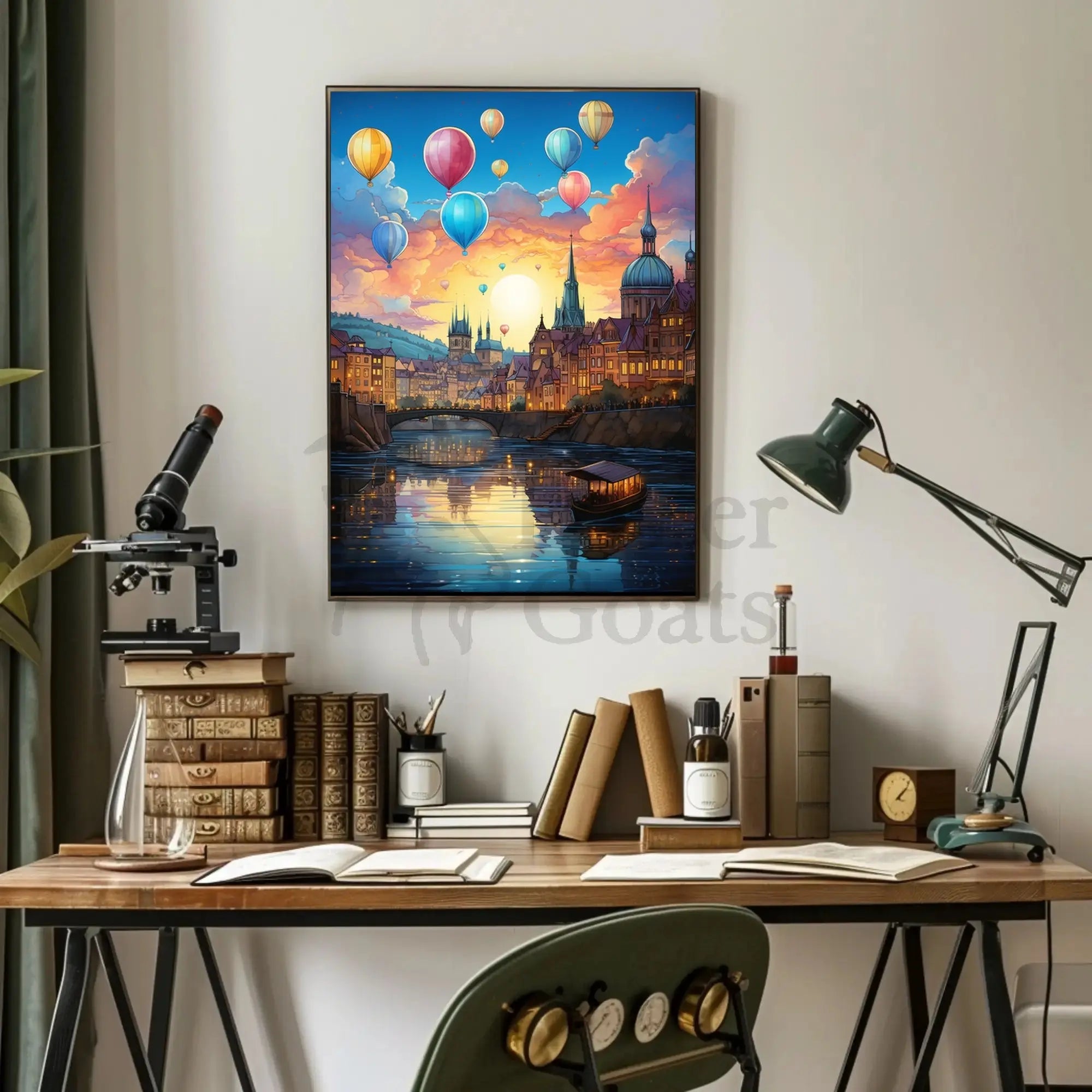 Enchanting European Cityscape with Hot Air Balloons Travel Poster PosterGoat