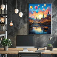 Enchanting European Cityscape with Hot Air Balloons Travel Poster PosterGoat