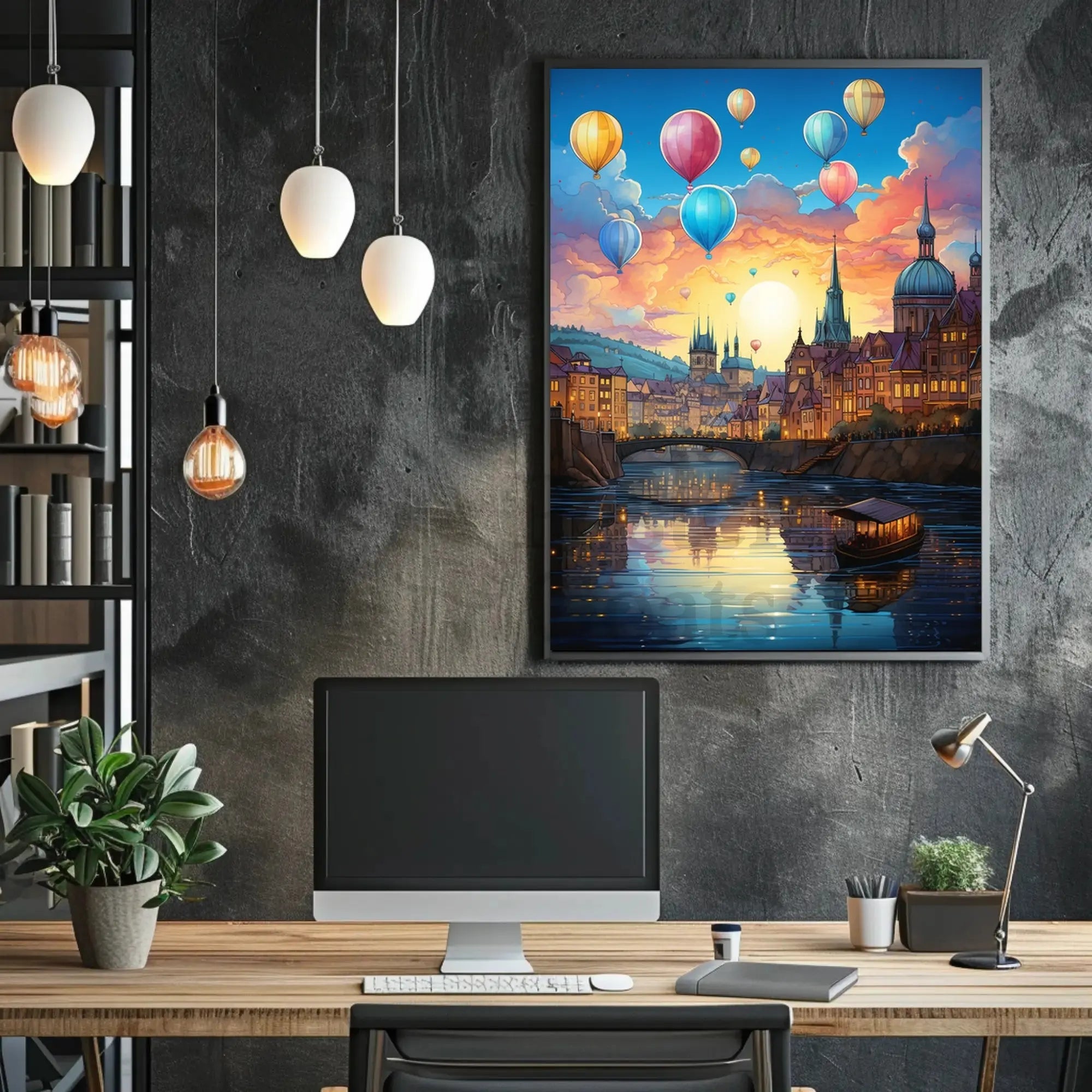 Enchanting European Cityscape with Hot Air Balloons Travel Poster PosterGoat