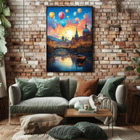 Enchanting European Cityscape with Hot Air Balloons Travel Poster PosterGoat