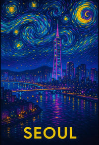 Enchanting Seoul Nightscape in Van Gogh Style Travel Poster PosterGoat