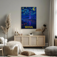 Enchanting Seoul Nightscape in Van Gogh Style Travel Poster PosterGoat