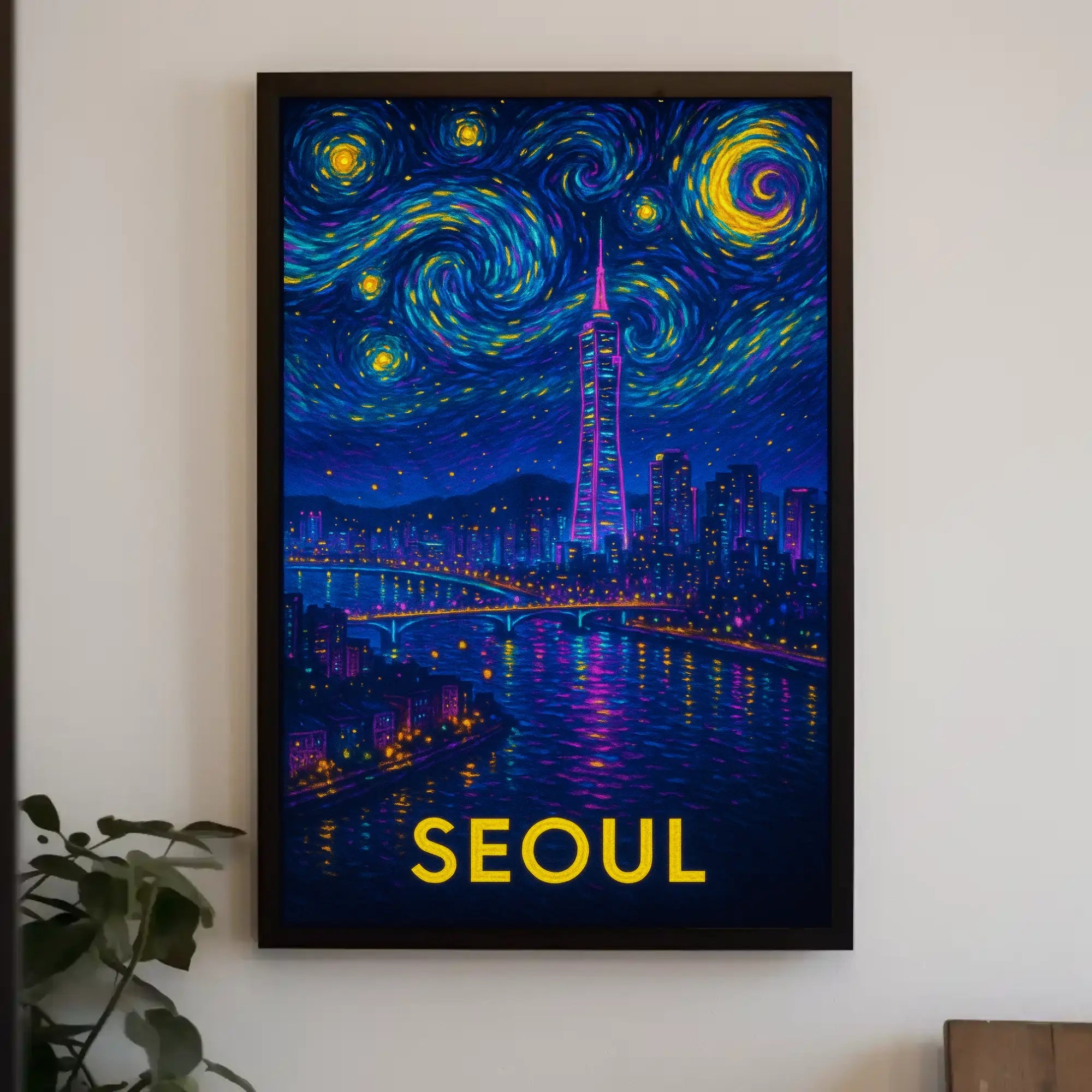 Enchanting Seoul Nightscape in Van Gogh Style Travel Poster PosterGoat