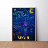 Enchanting Seoul Nightscape in Van Gogh Style Travel Poster PosterGoat
