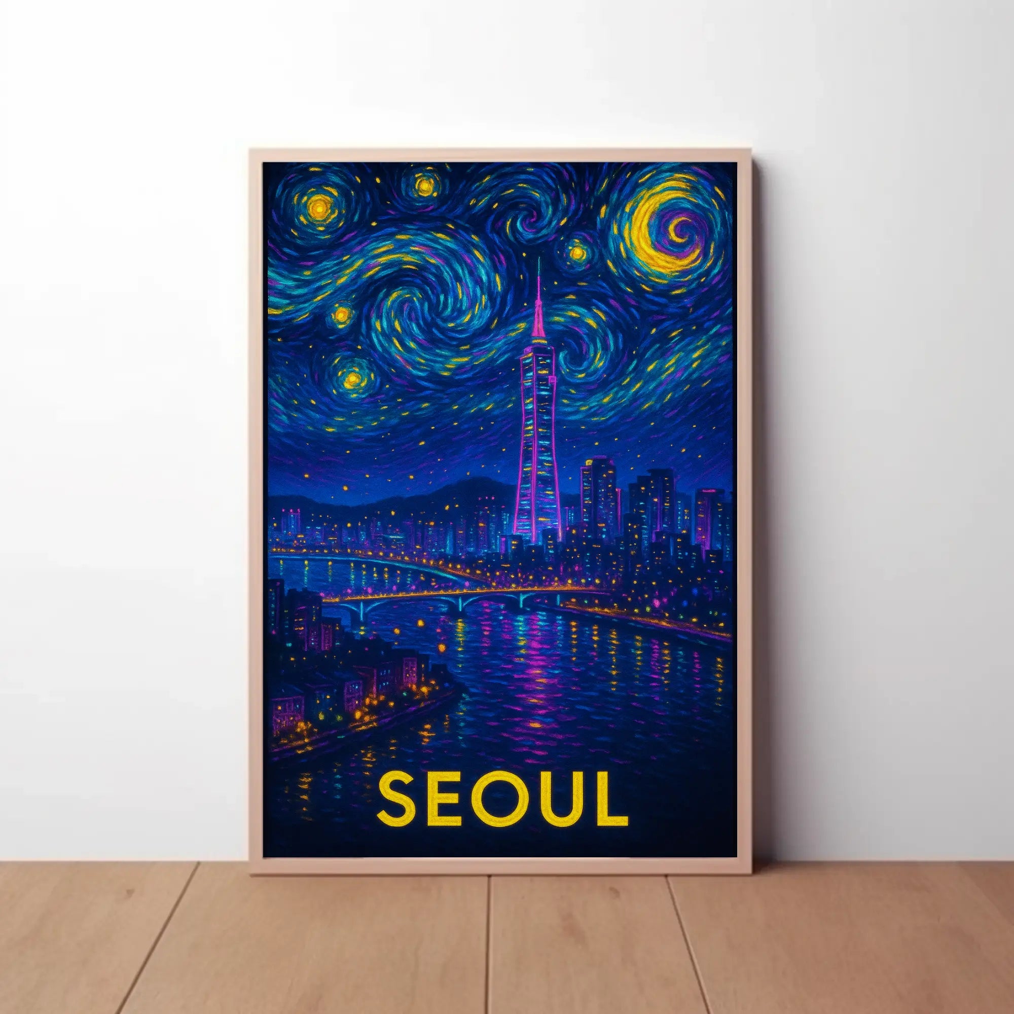 Enchanting Seoul Nightscape in Van Gogh Style Travel Poster PosterGoat