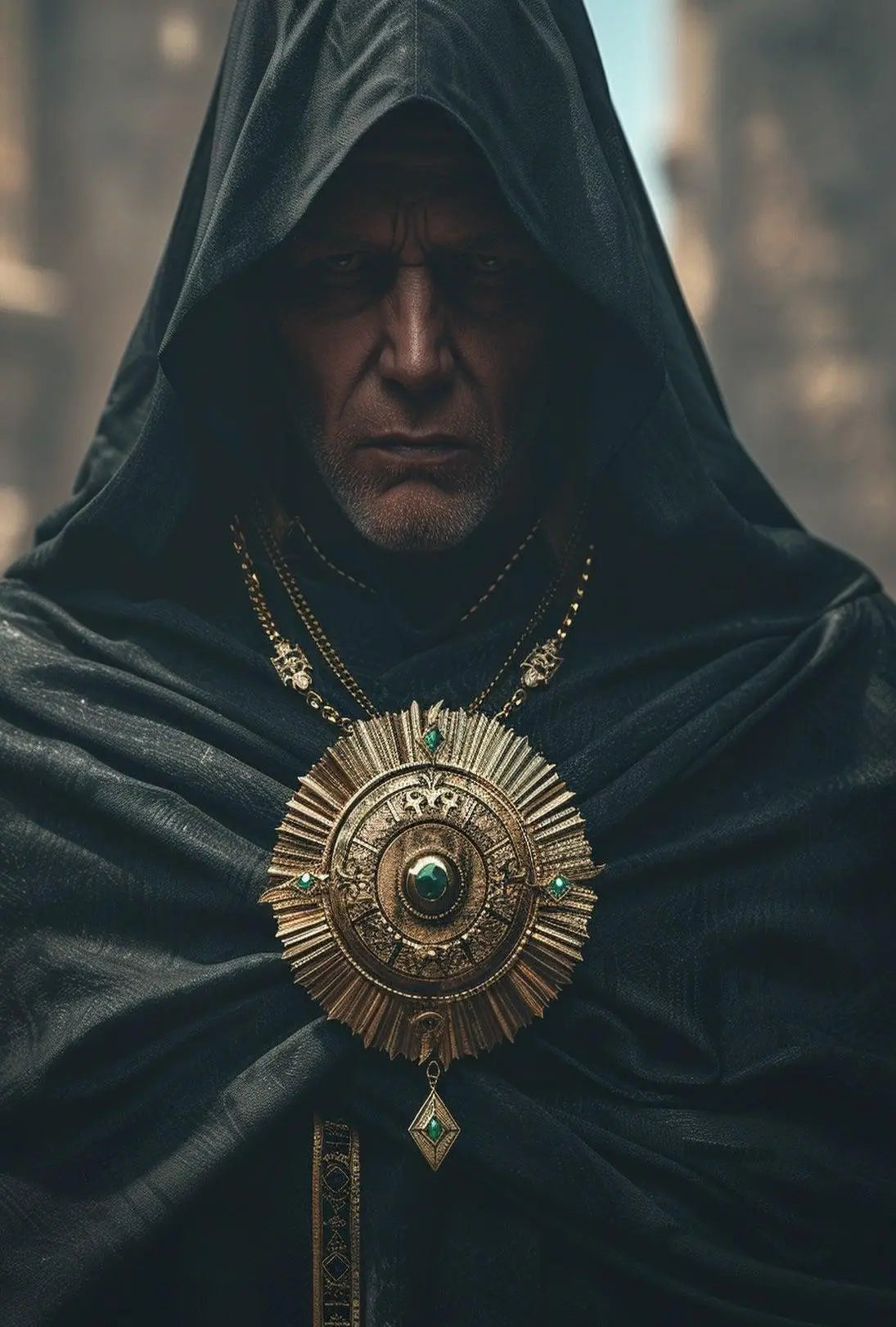 Enigmatic Medieval Figure in Fantasy Setting Artistic Poster PosterGoat