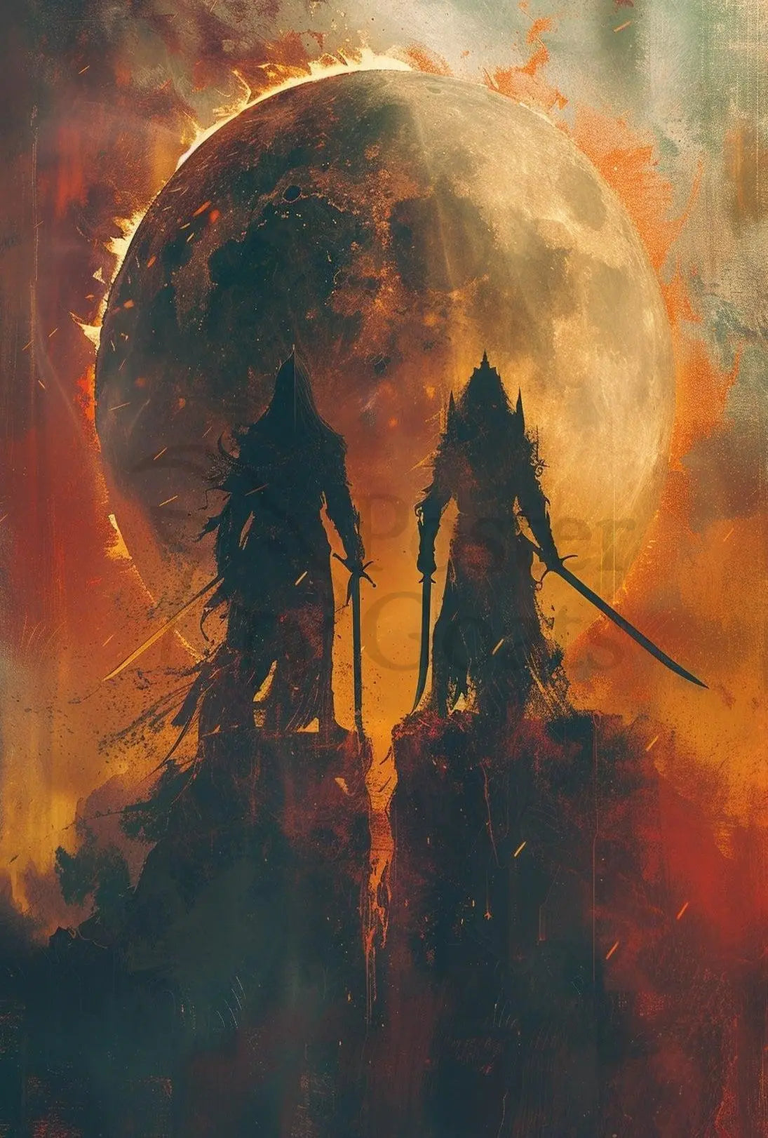 Epic Battle Silhouette in Fiery Fantasy Scene Artistic Poster PosterGoat