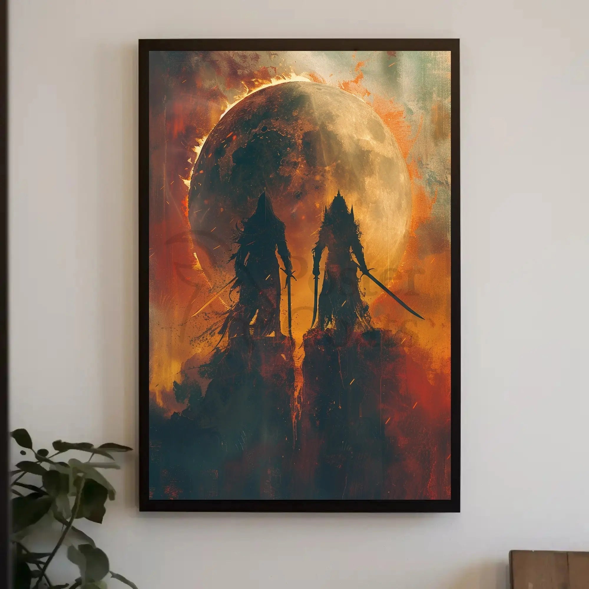 Epic Battle Silhouette in Fiery Fantasy Scene Artistic Poster PosterGoat