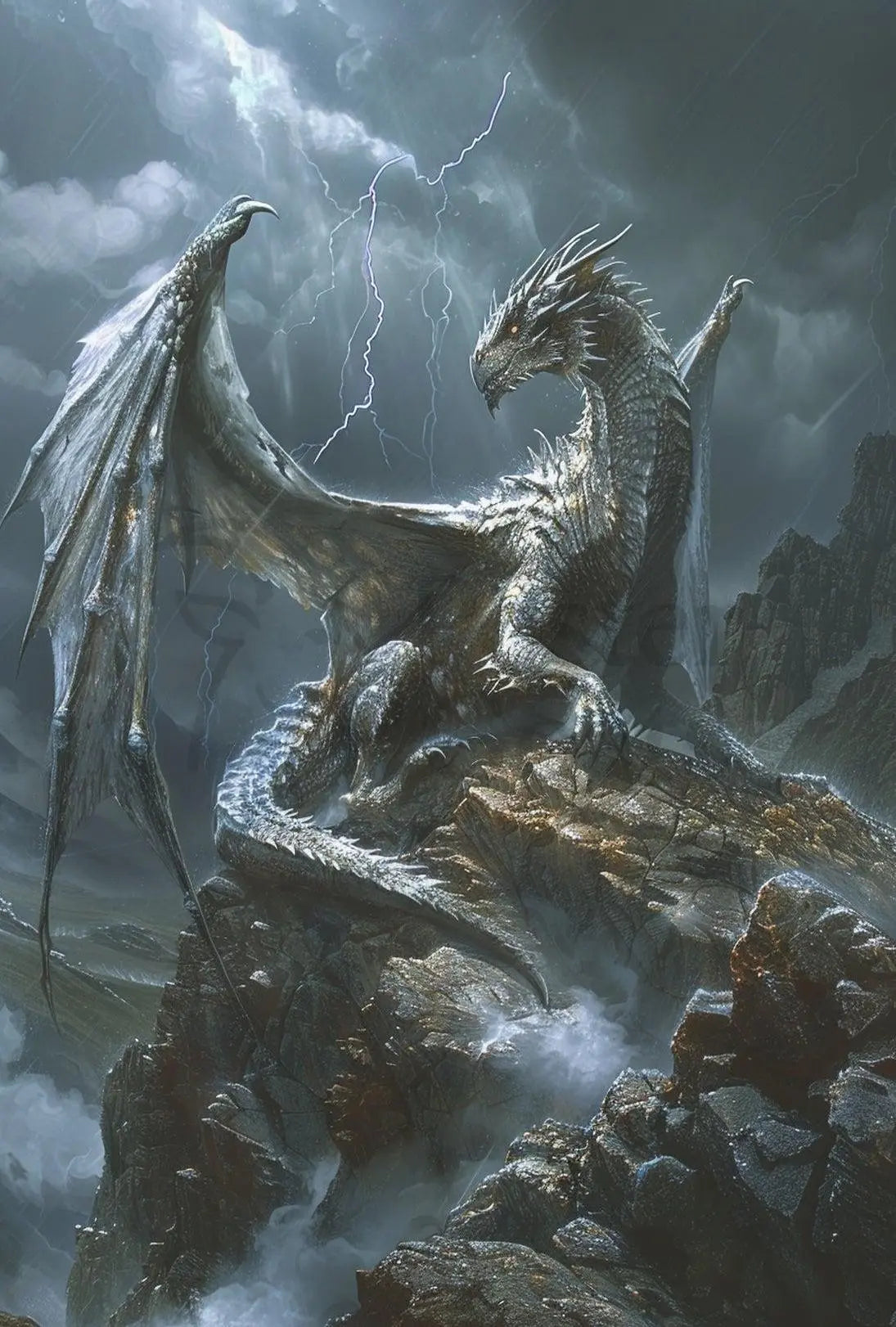 Epic Dragon on Rocky Outcrop Fantasy Art Poster PosterGoat