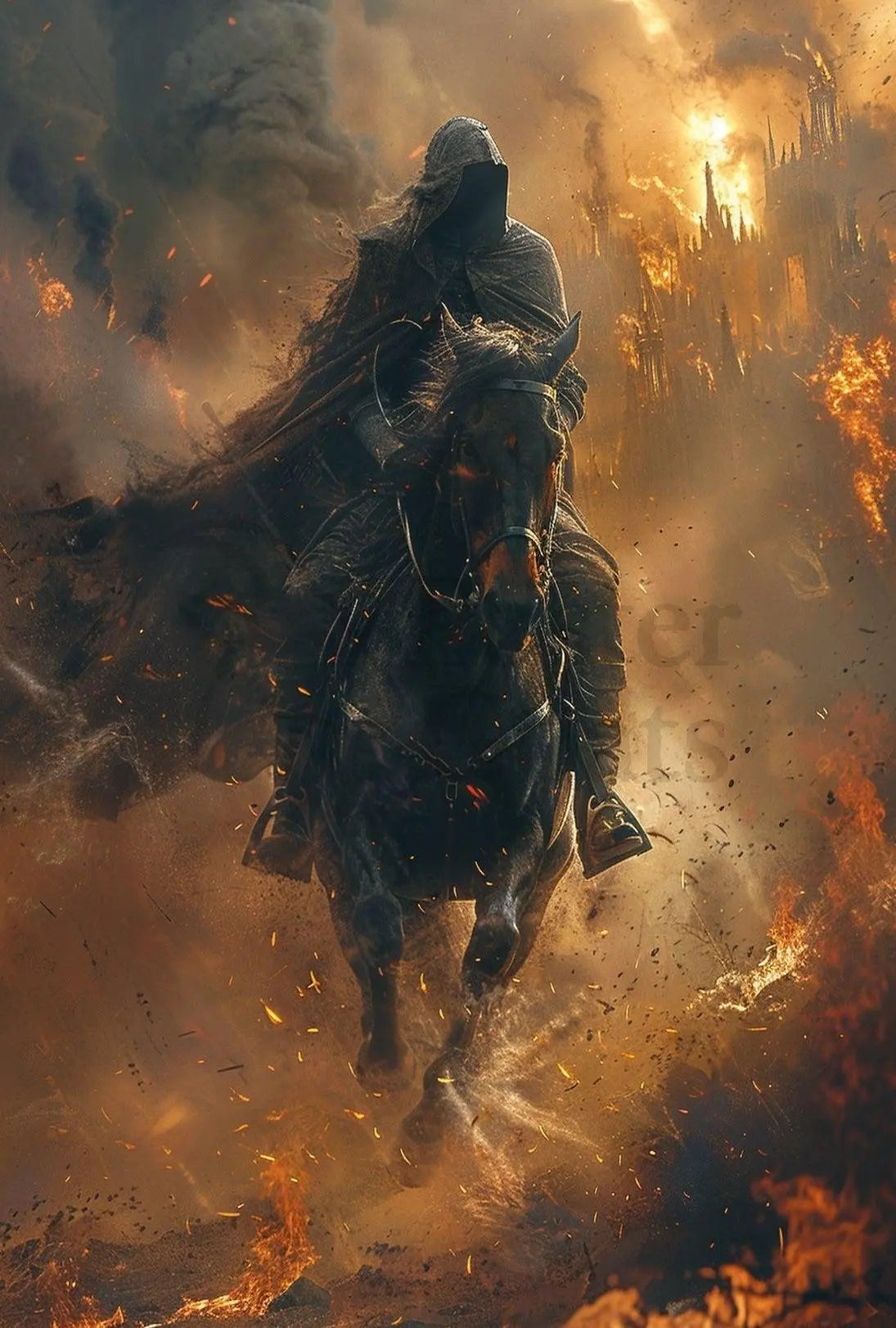 Epic Fantasy Rider Scene in Fiery Chaos Poster PosterGoat