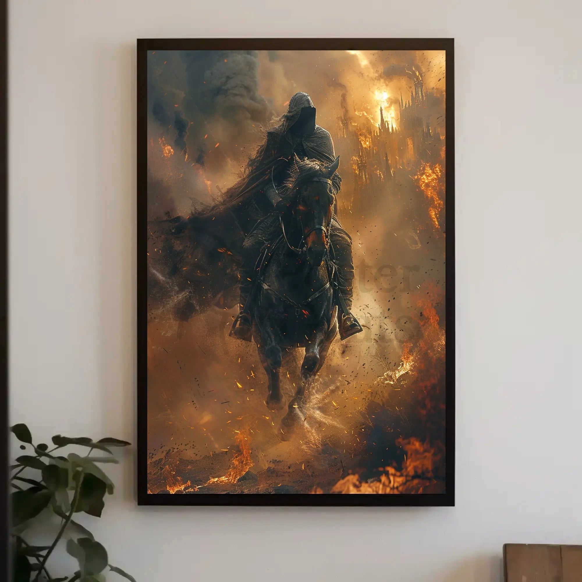 Epic Fantasy Rider Scene in Fiery Chaos Poster PosterGoat