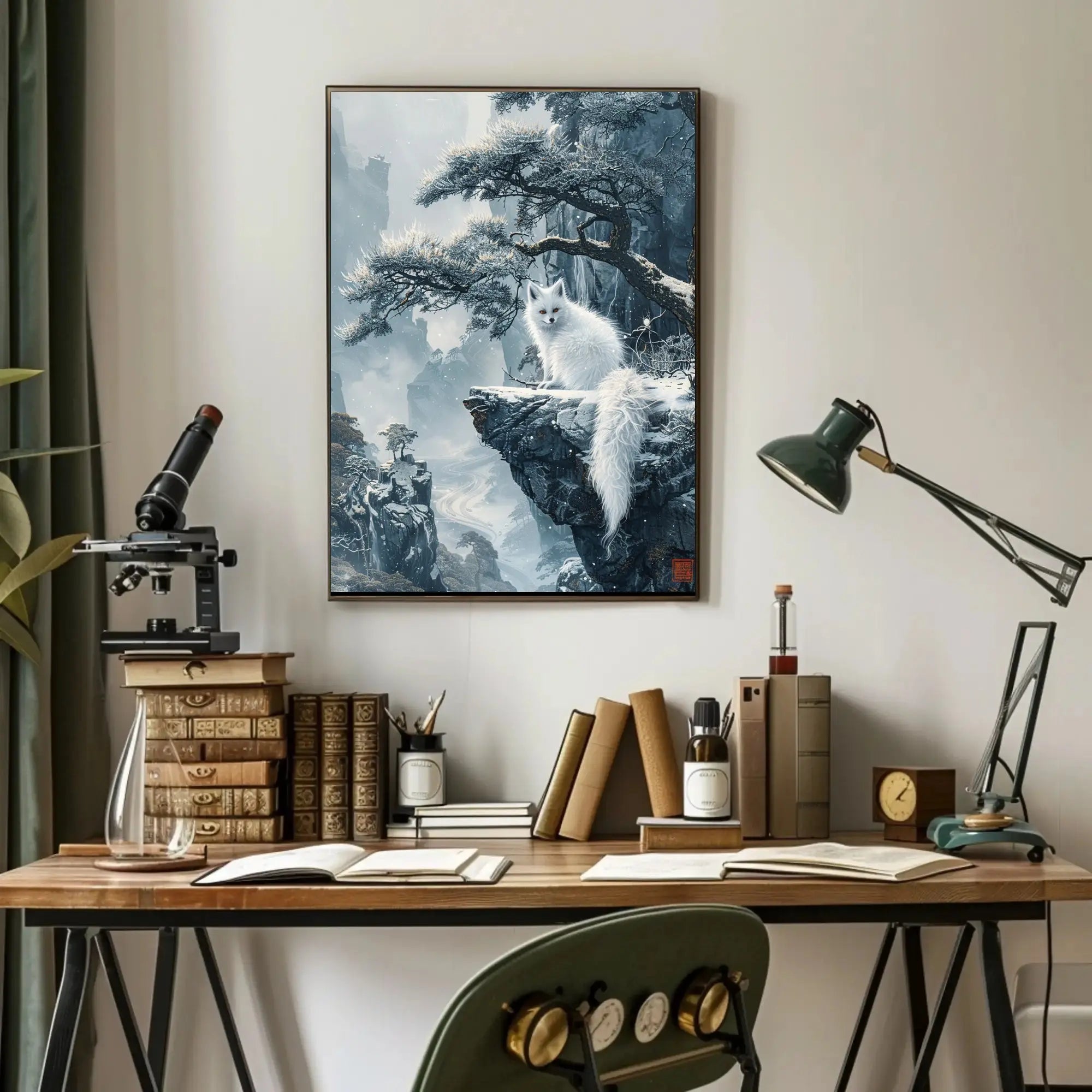Ethereal Winter Landscape with Mystical Fox Art Poster PosterGoat