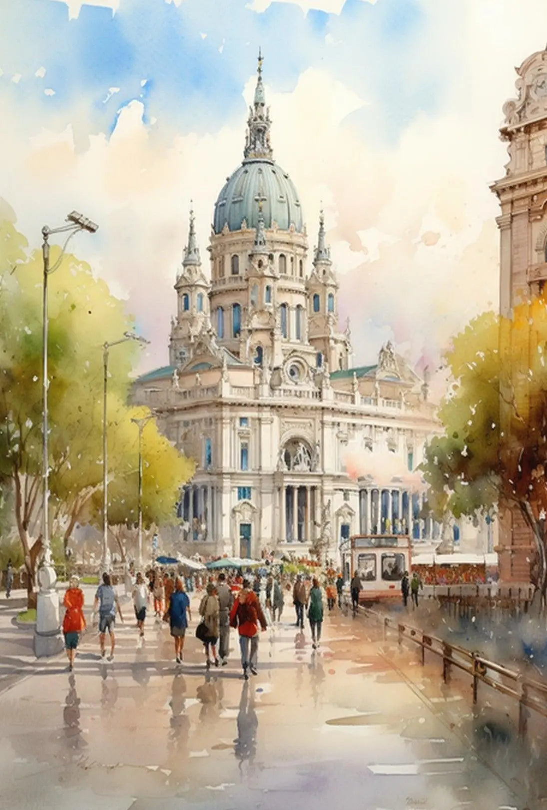 European Architectural Scene Captured in Artistic Watercolor Poster PosterGoat