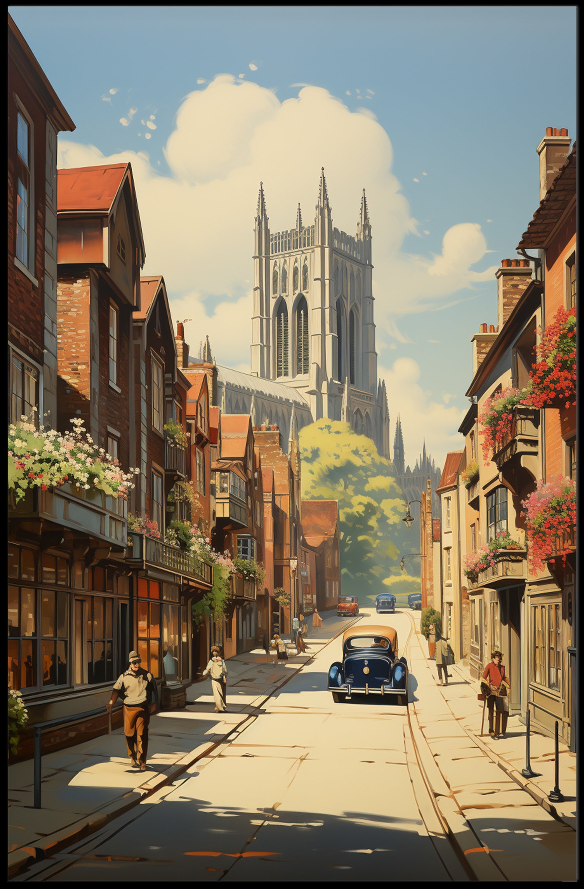 European Vintage Scene with Gothic Cathedral Urban or Cityscape Poster PosterGoat