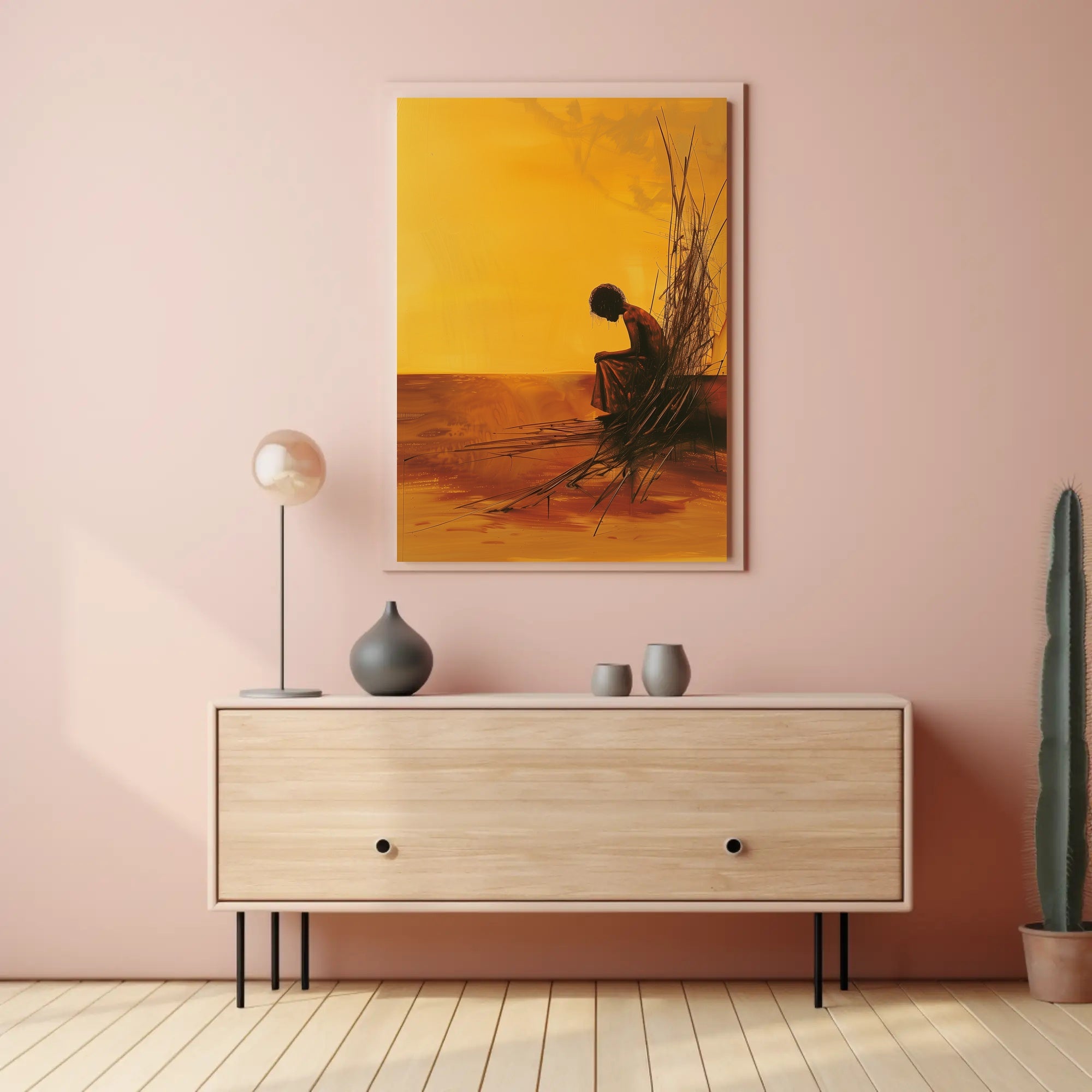 Evocative Solitary Figure Against Abstract Orange Horizon Poster PosterGoat