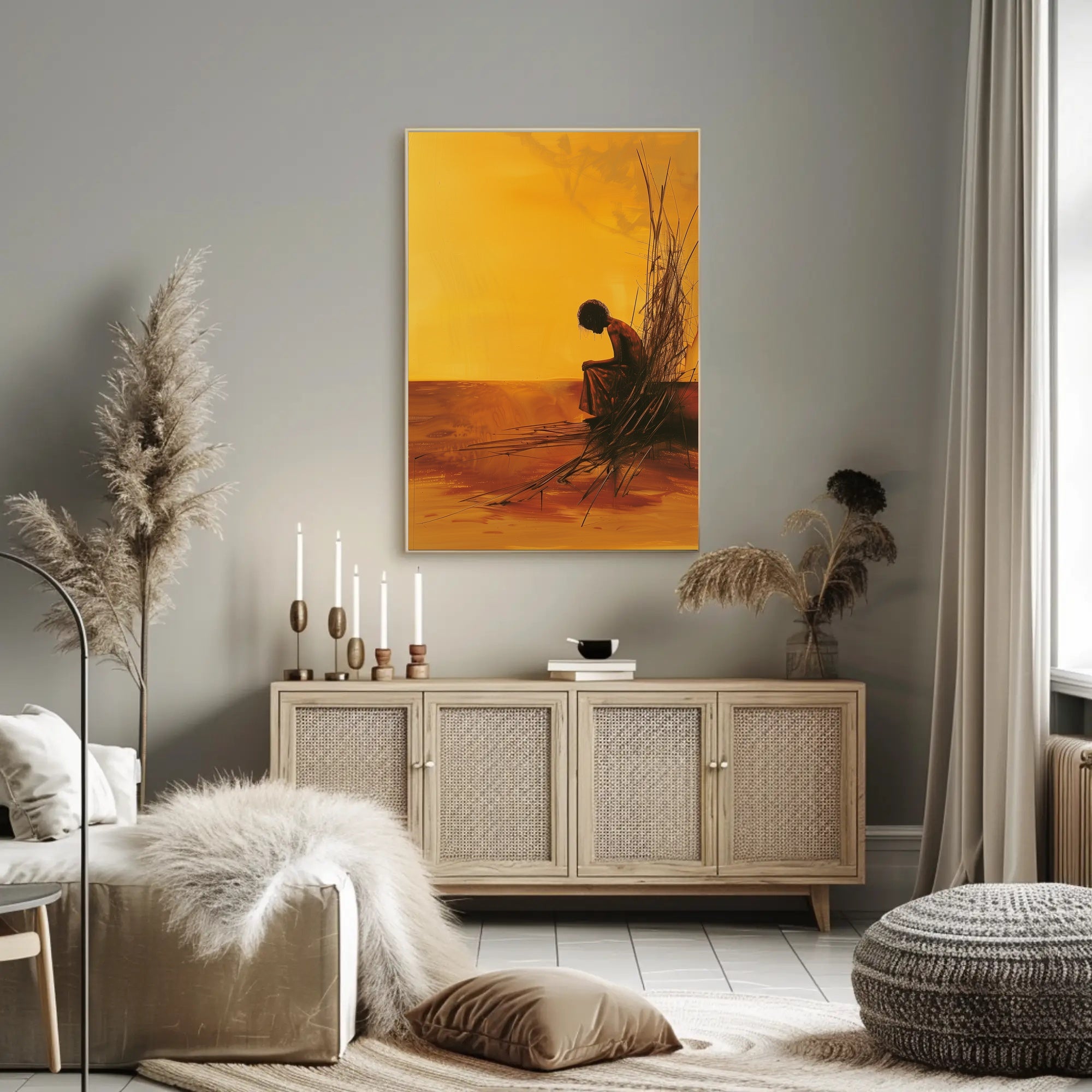 Evocative Solitary Figure Against Abstract Orange Horizon Poster PosterGoat