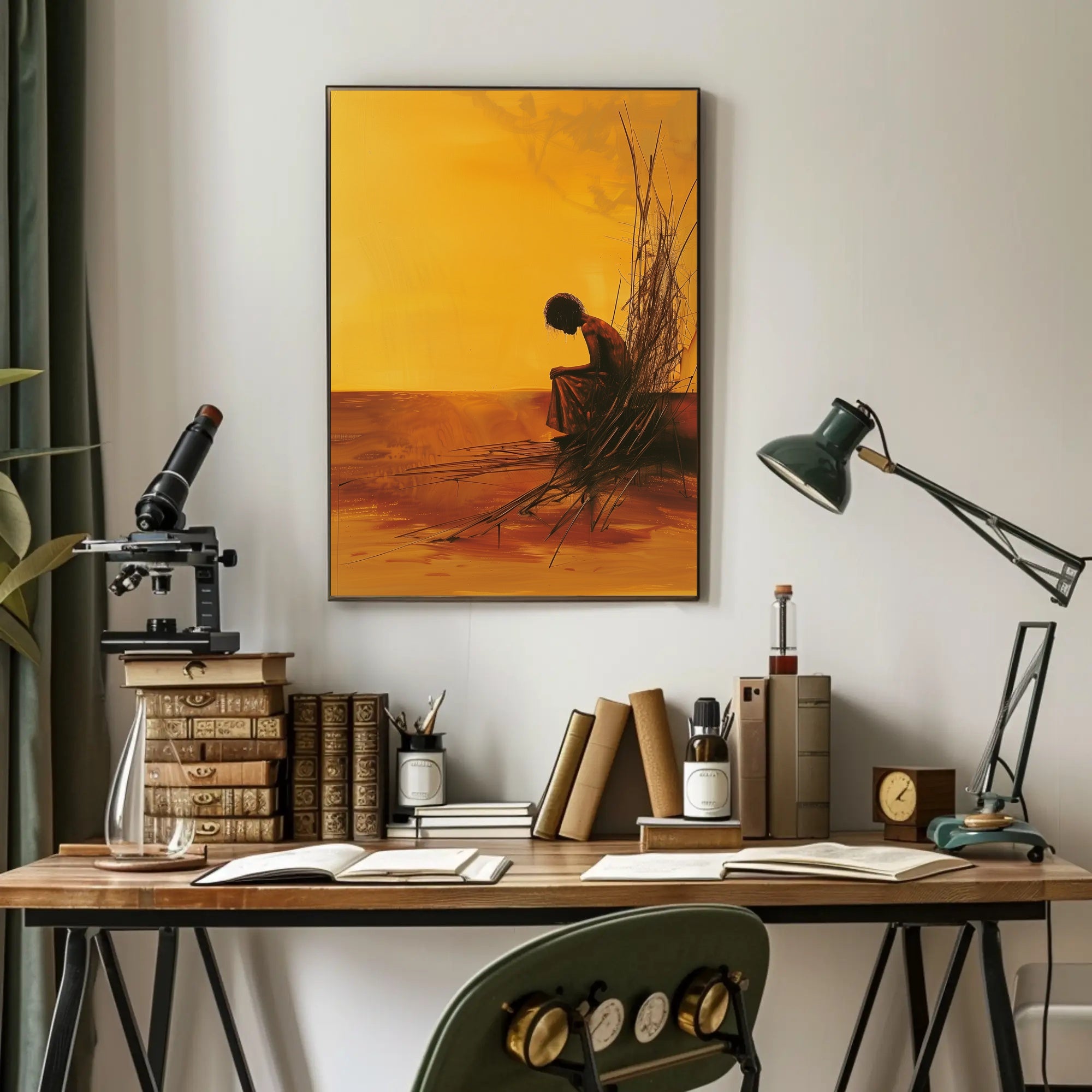 Evocative Solitary Figure Against Abstract Orange Horizon Poster PosterGoat