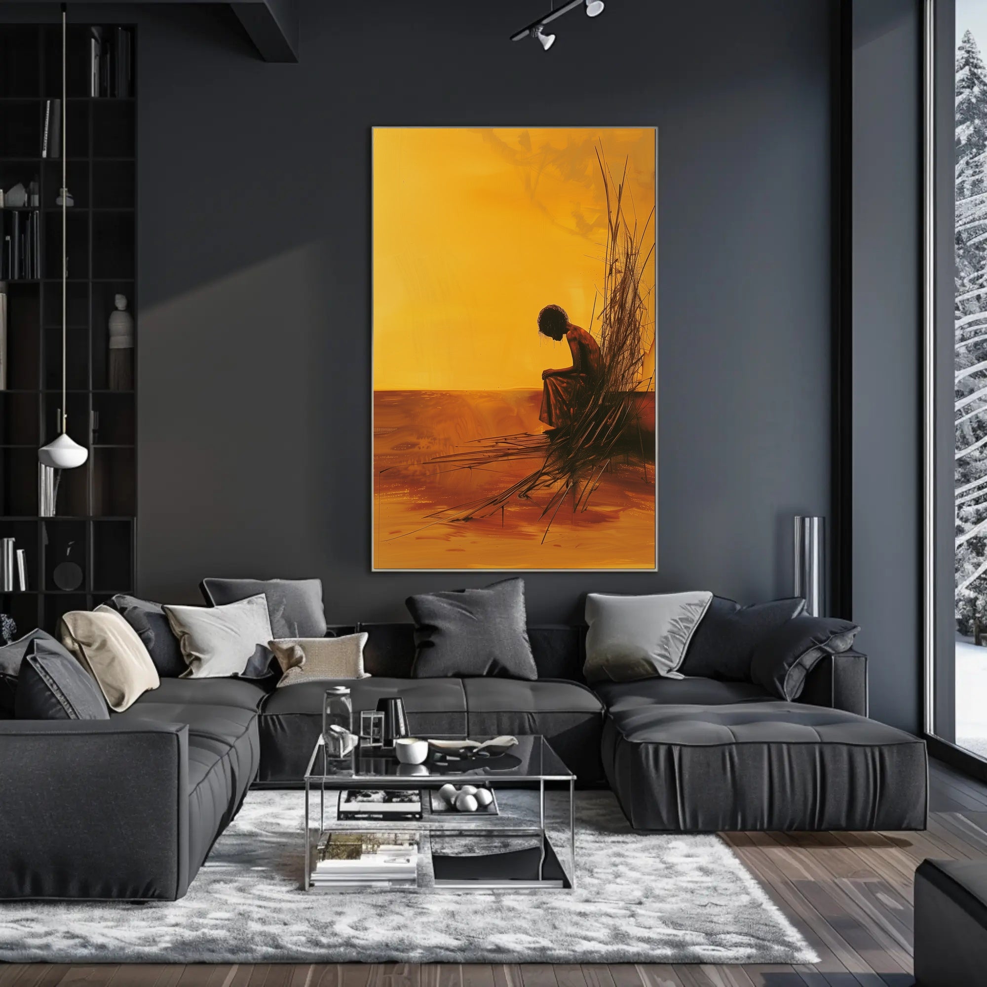 Evocative Solitary Figure Against Abstract Orange Horizon Poster PosterGoat
