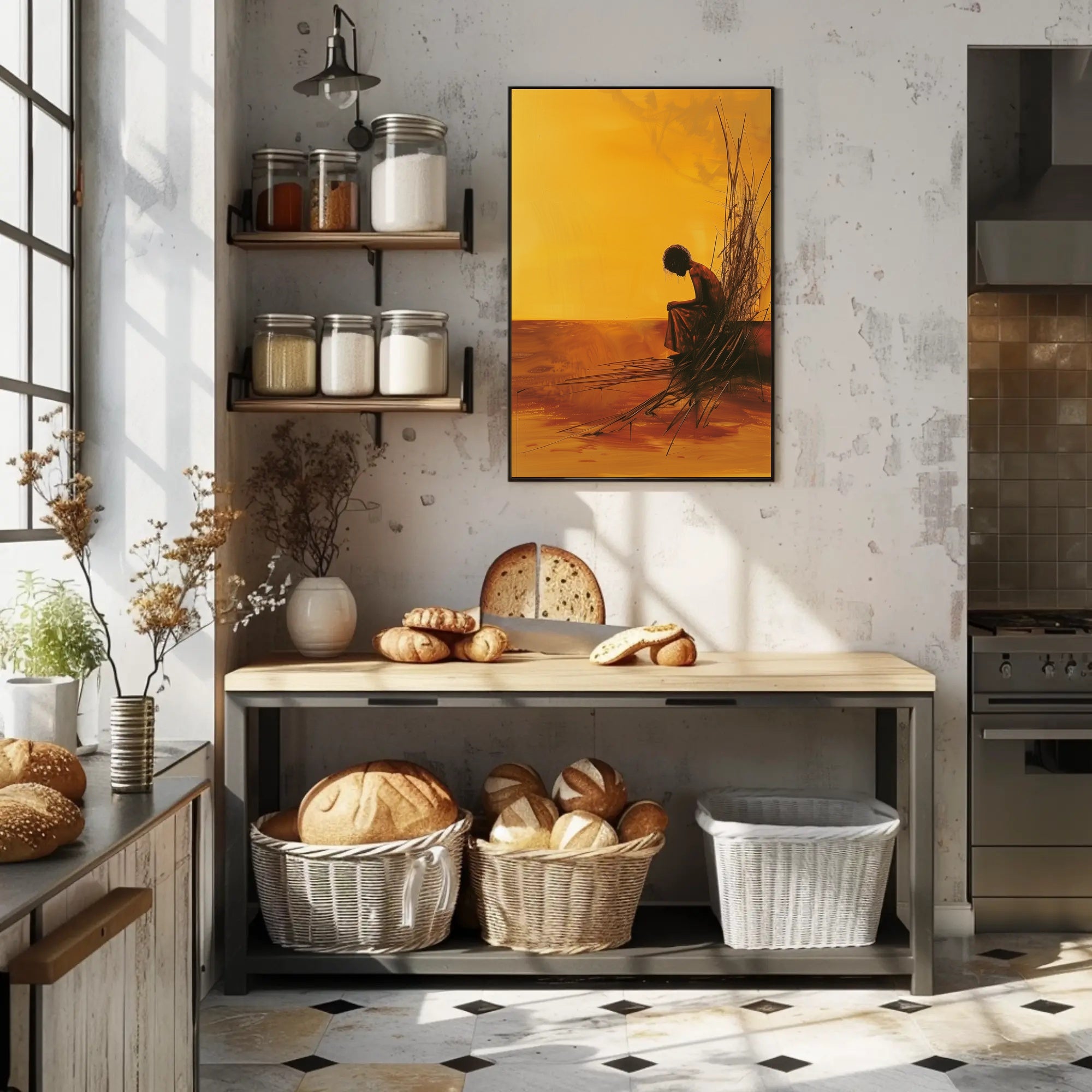 Evocative Solitary Figure Against Abstract Orange Horizon Poster PosterGoat