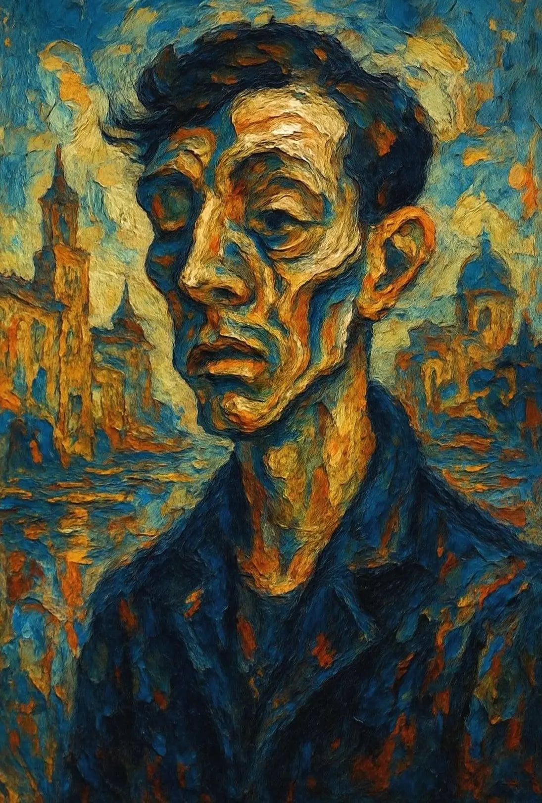 Expressionist Urban Portrait with Dynamic Swirling Hues Poster PosterGoat