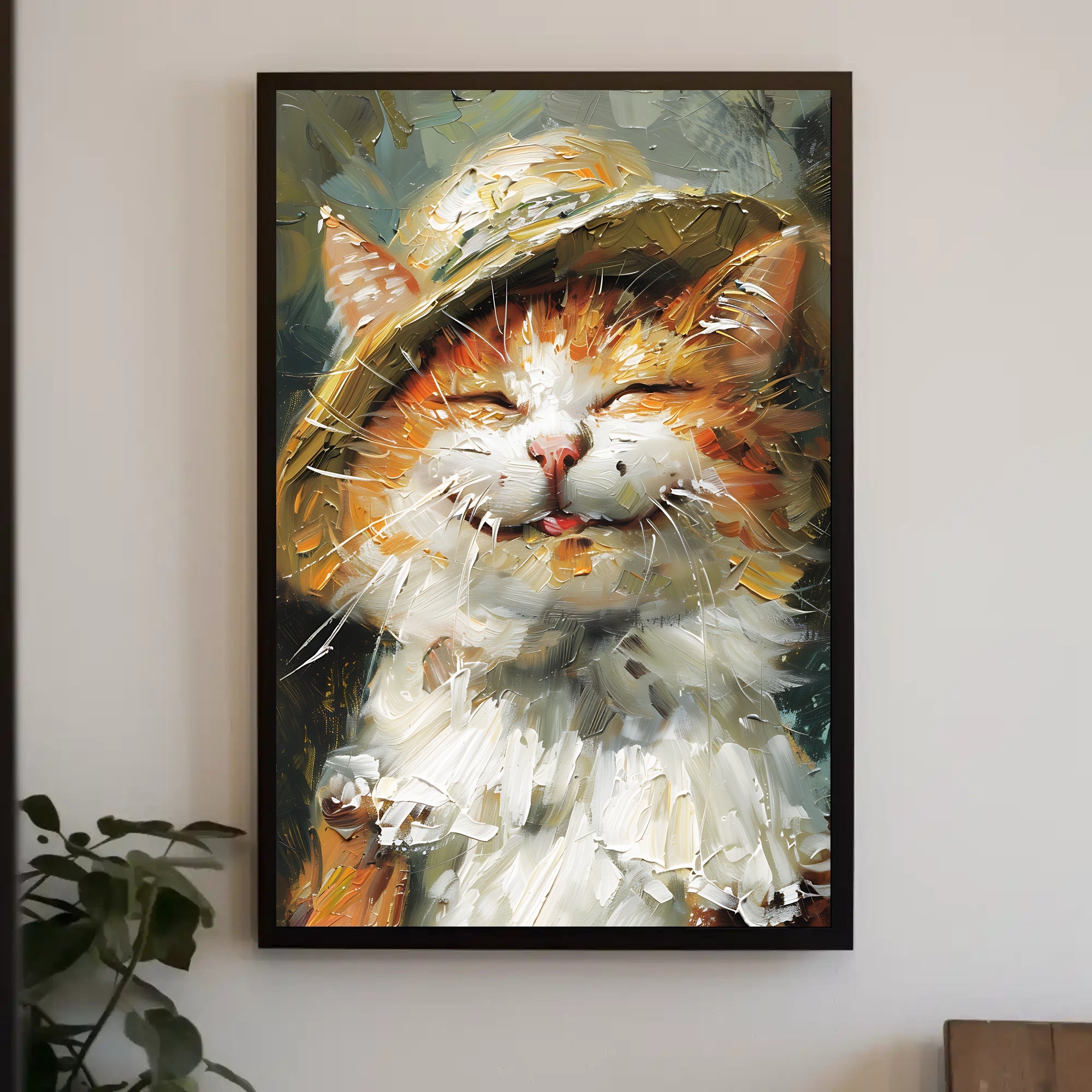 Expressive Cat in Hat Artistic Animal Poster PosterGoat