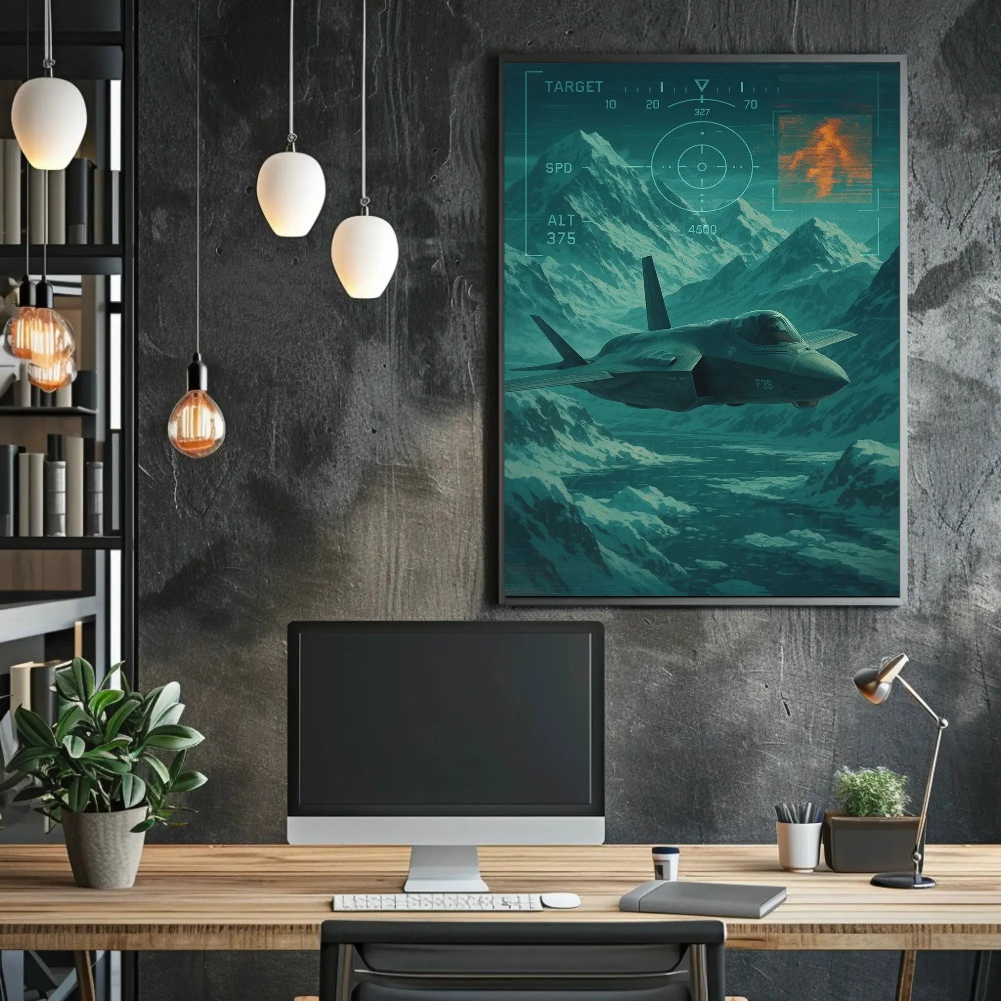 F-35 Fighter Jet Over Snowy Mountains Futuristic Sci-Fi Poster PosterGoat