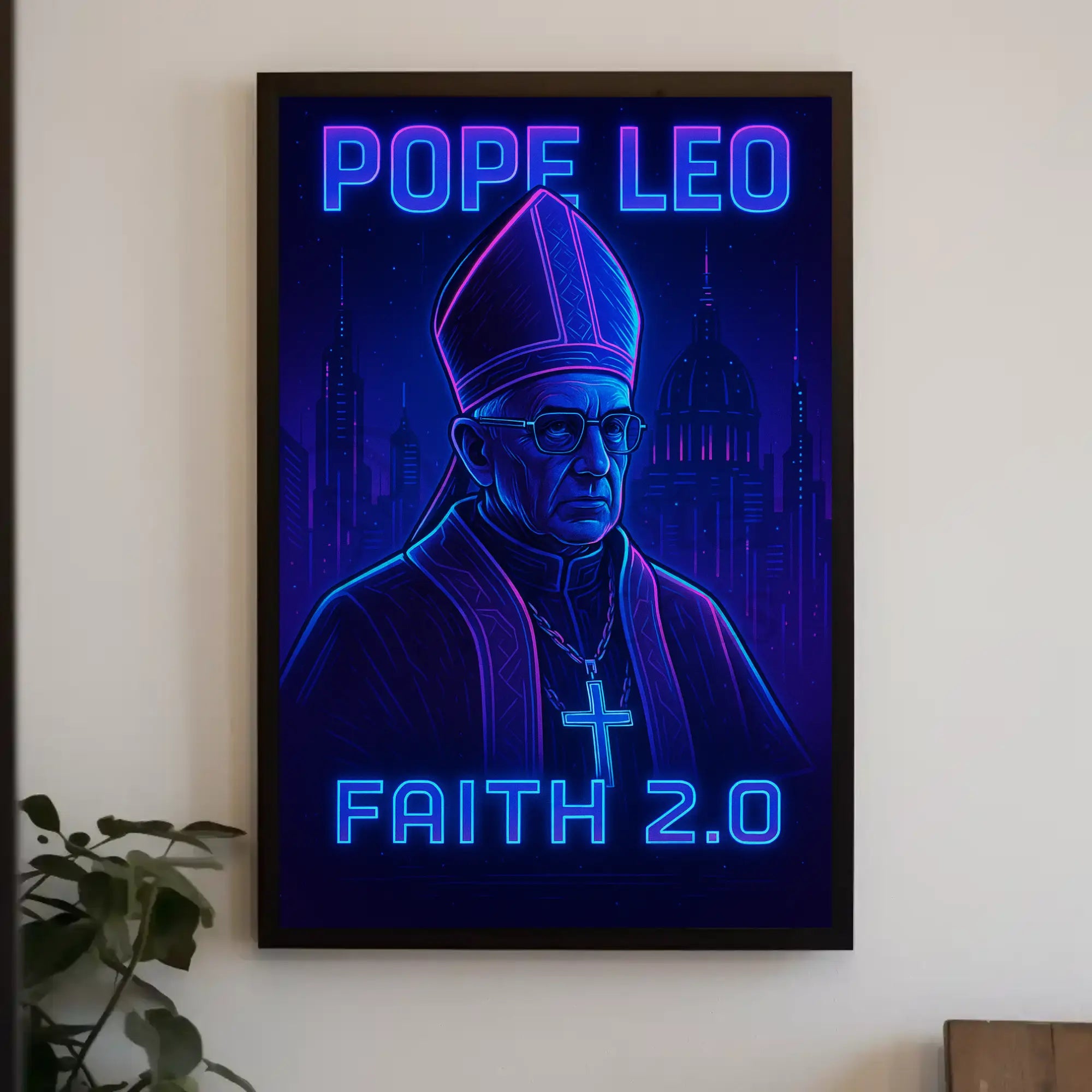 Faith 2.0: Elevate Belief With Cyberpunk Art Poster PosterGoat