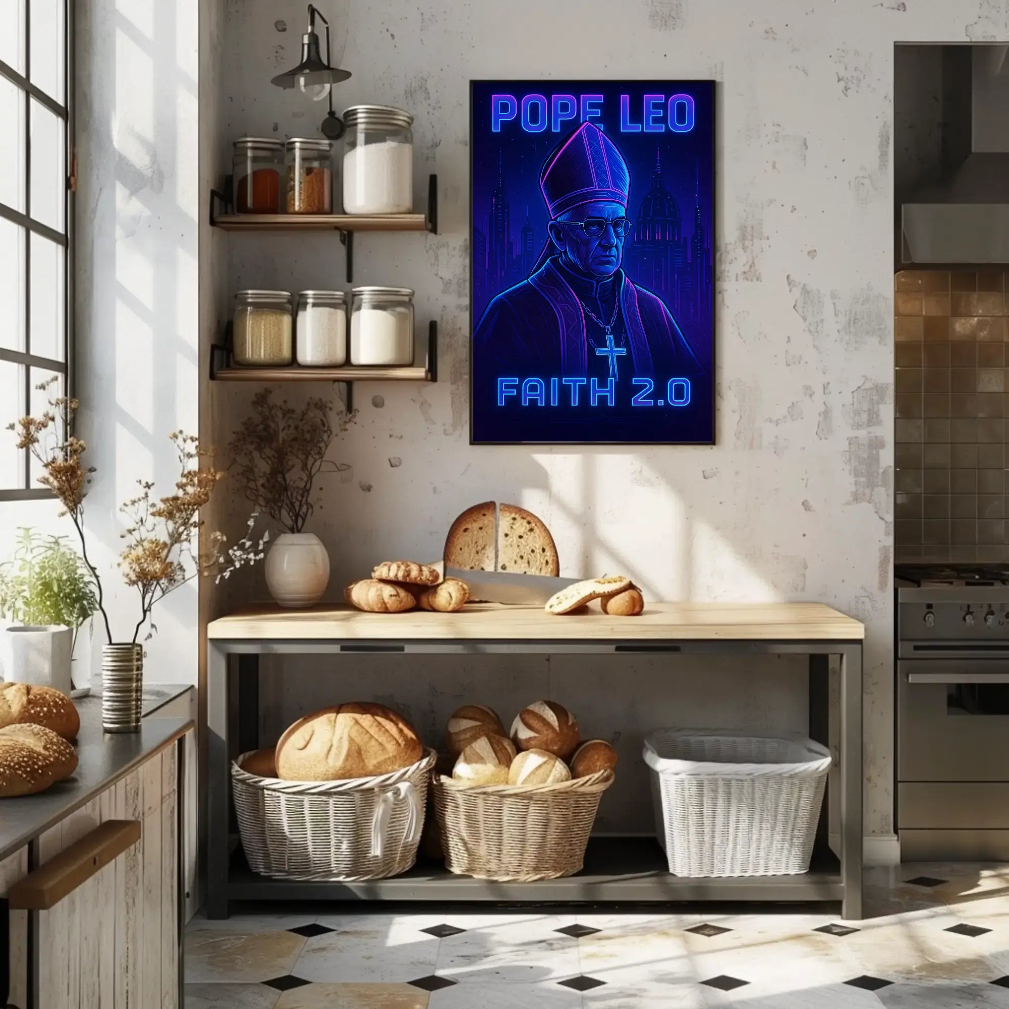 Faith 2.0: Elevate Belief With Cyberpunk Art Poster PosterGoat