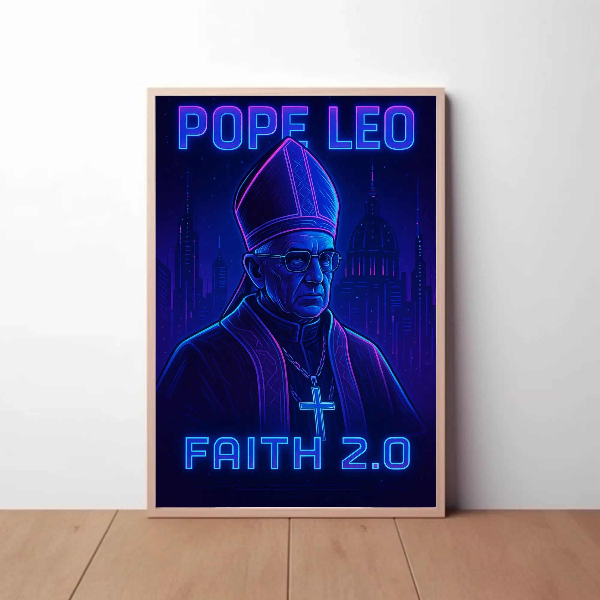 Faith 2.0: Elevate Belief With Cyberpunk Art Poster PosterGoat