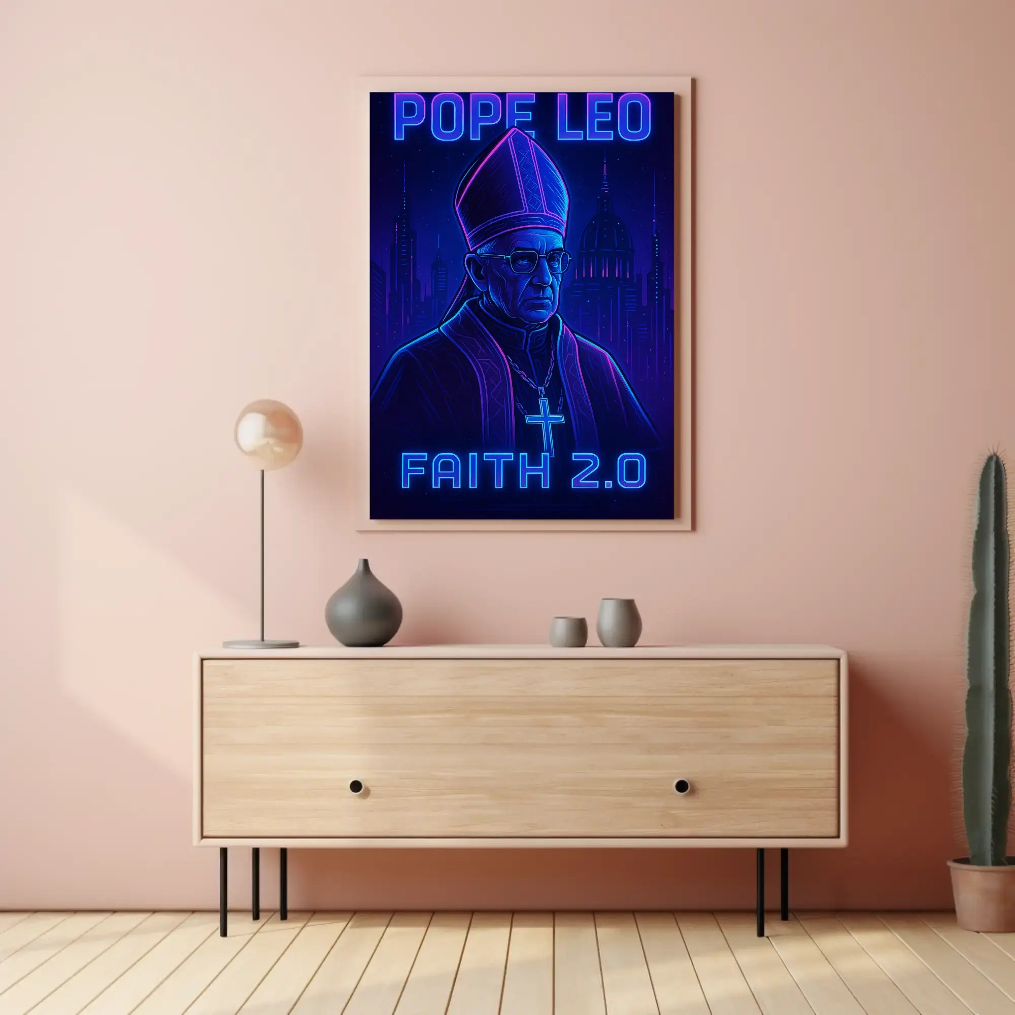 Faith 2.0: Elevate Belief With Cyberpunk Art Poster PosterGoat