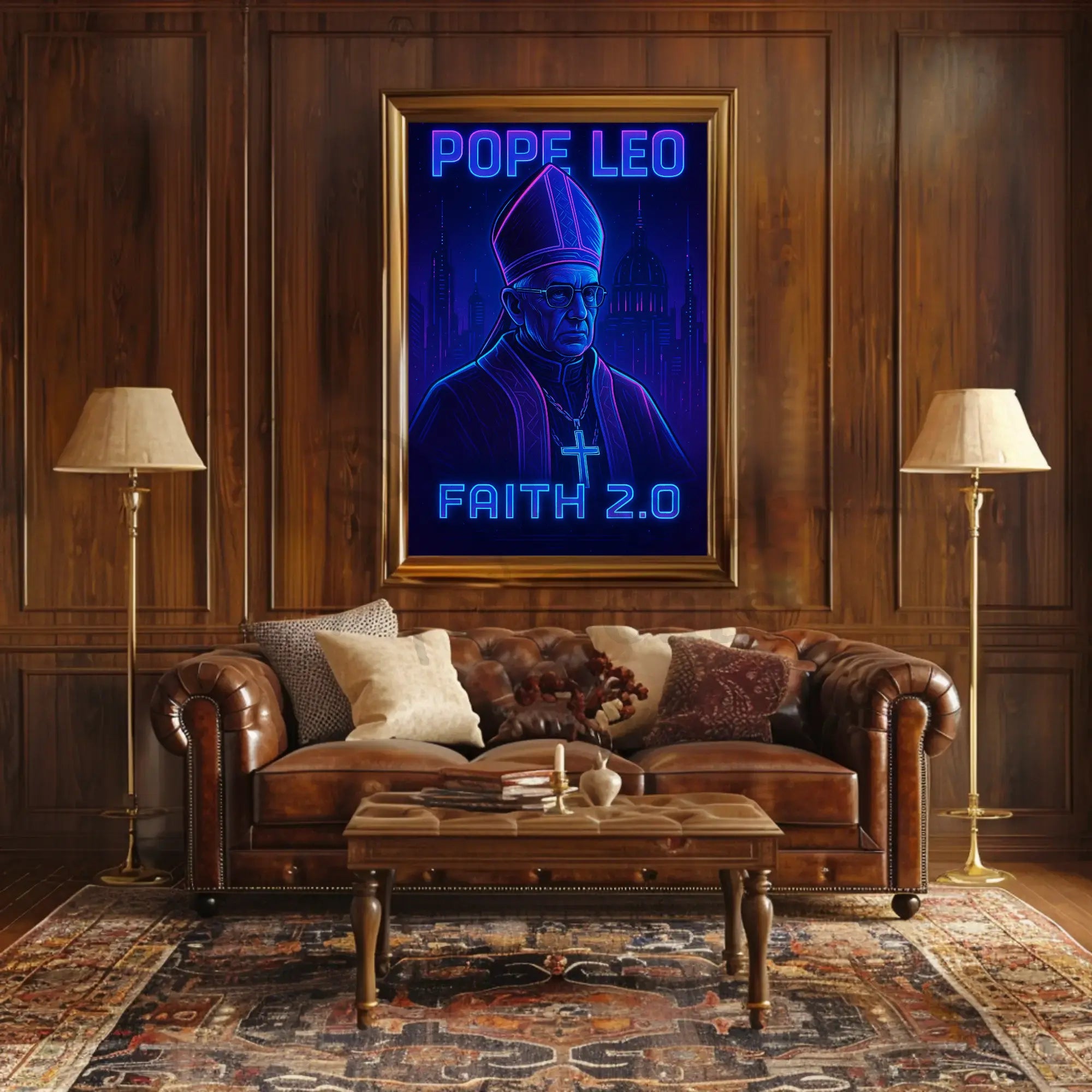 Faith 2.0: Elevate Belief With Cyberpunk Art Poster PosterGoat
